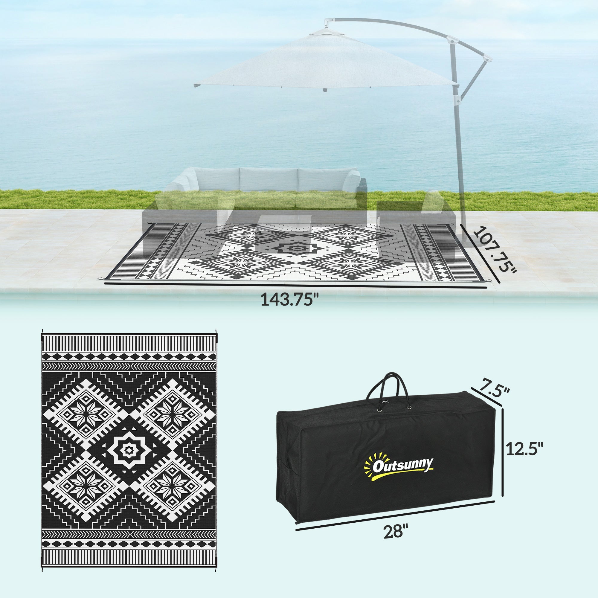 Reversible Outdoor Rug, Waterproof Plastic Straw with Carry Bag, 9' x 12', White & Black Toothed Rhombus