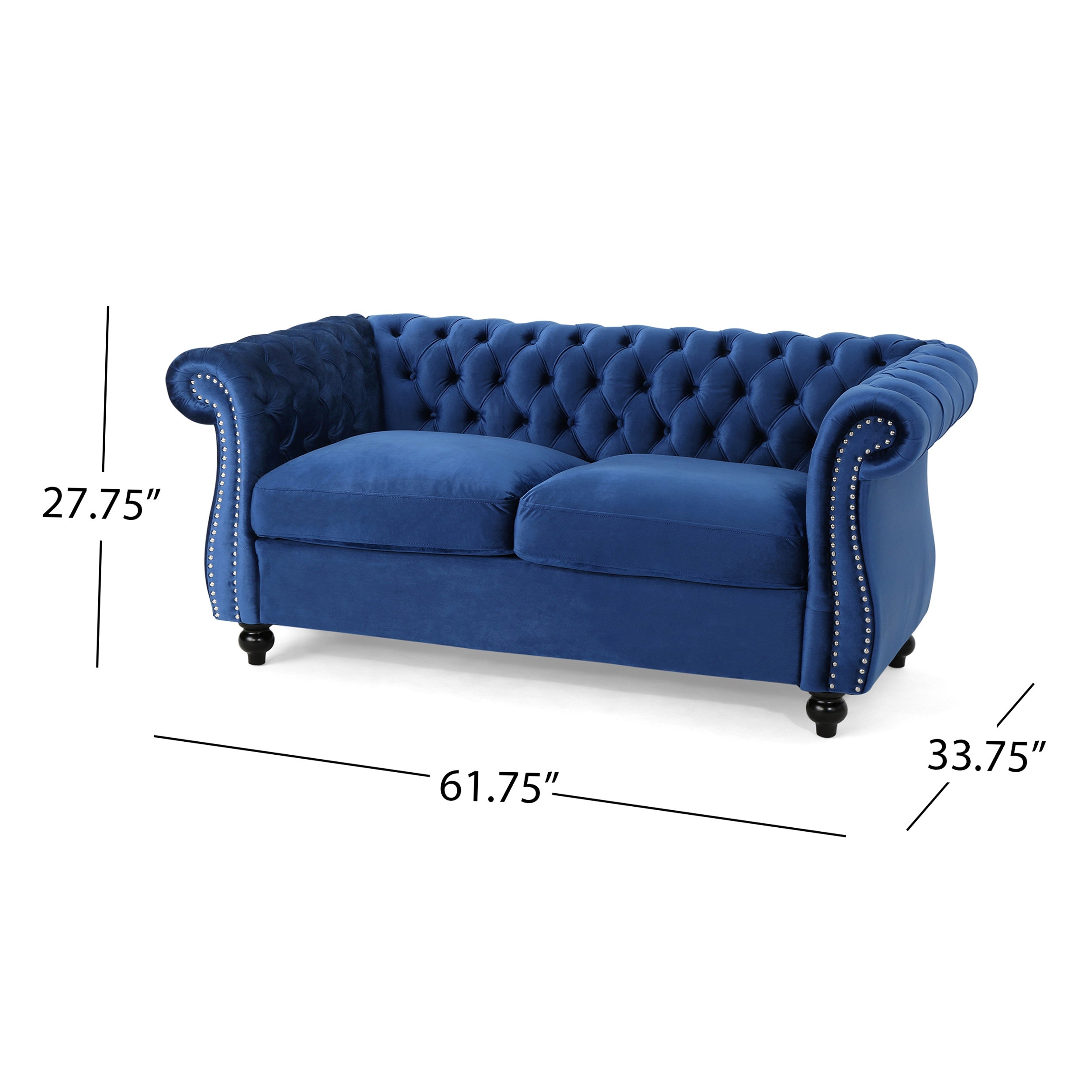 Chesterfield Loveseat Sofa, Deep Button Tufting, Rolled Arms, Nailhead Accents, 62" W x 34" D x 28" H, Navy Blue