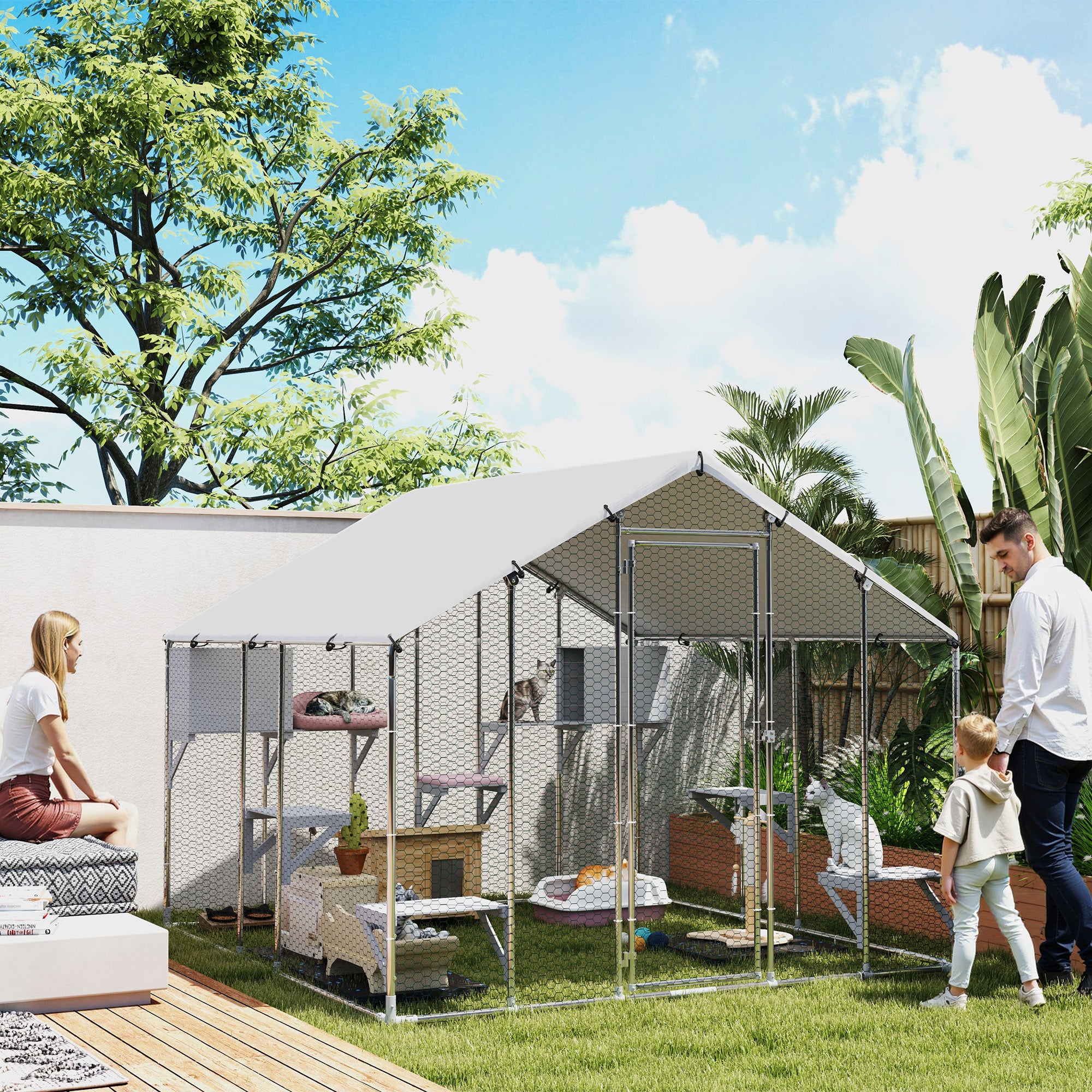 95" Extra Large Metal Outdoor Catio with Waterproof Cover, 2 Resting Boxes, 7 Jumping Platforms, for Multiple Cats