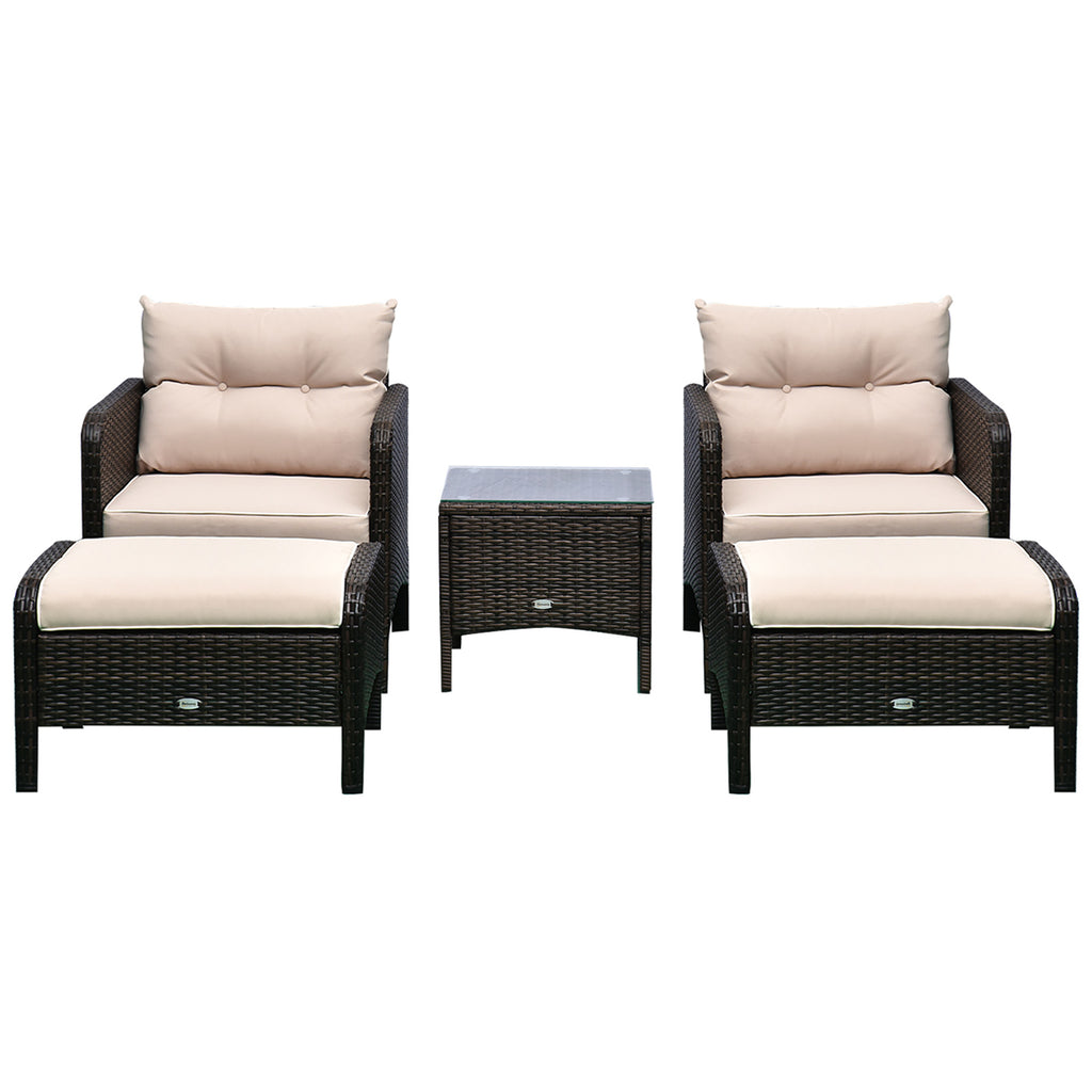 5 Pieces Rattan Wicker Lounge Chair Outdoor Patio Conversation Set with 2 Cushioned Chairs, 2 Ottomans and Tempered Glass Top Coffee Table
