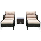 5 Pieces Rattan Wicker Lounge Chair Outdoor Patio Conversation Set with 2 Cushioned Chairs, 2 Ottomans and Tempered Glass Top Coffee Table