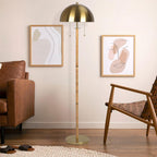 Allure 2-Light Floor Lamp with Double On/Off Pull Chain, Elegant Gold Brass and Natural Rattan Tube, 14" L x 14" W x 57.5" H, Gold
