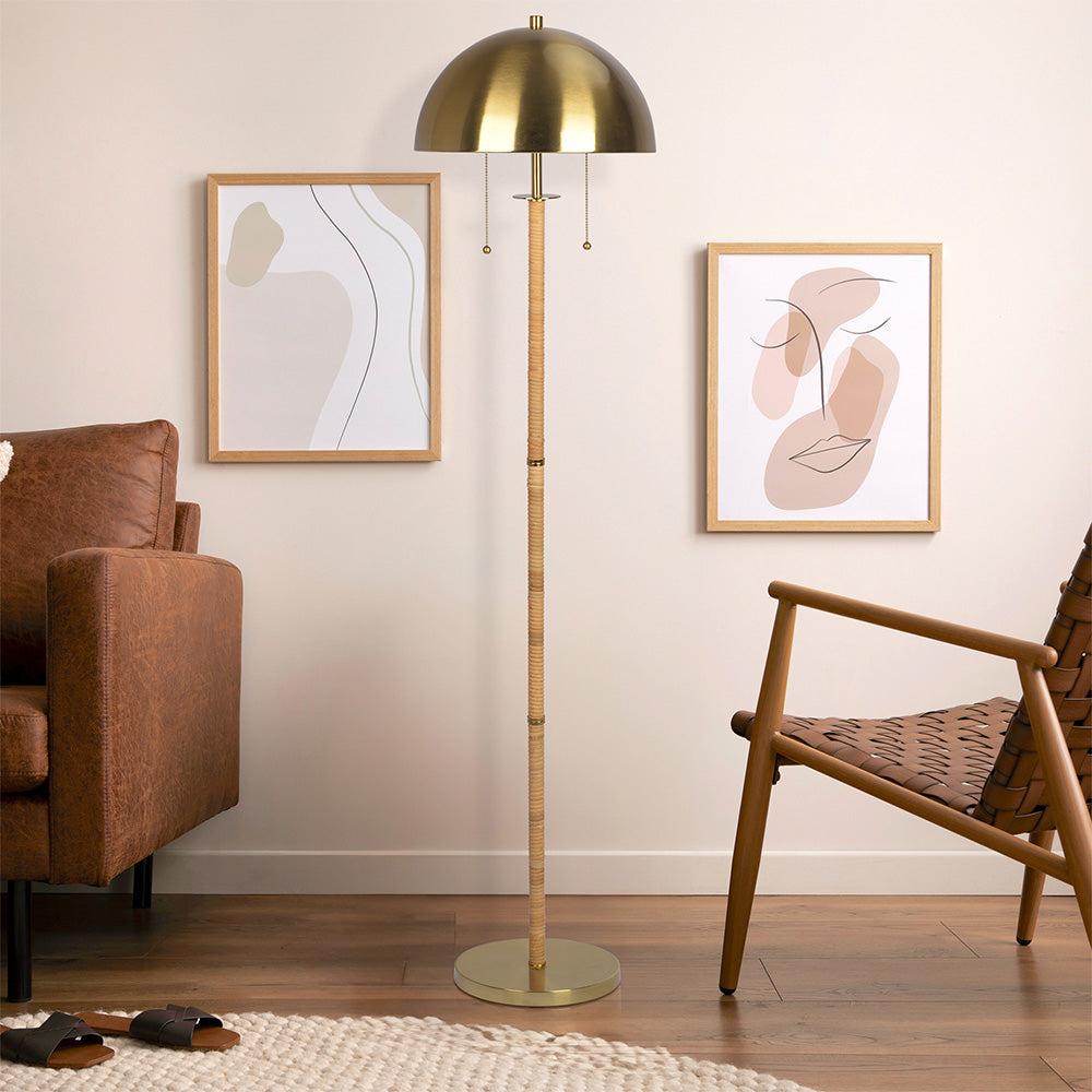 Allure 2-Light Floor Lamp with Double On/Off Pull Chain, Elegant Gold Brass and Natural Rattan Tube, 14" L x 14" W x 57.5" H, Gold