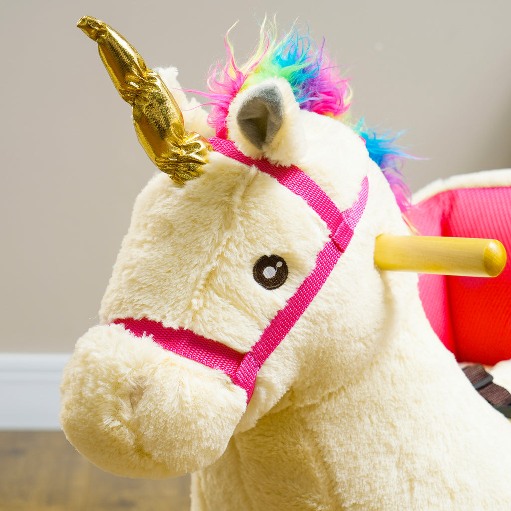 Kids Rocking Horse, Unicorn with Realistic Sound, Safety Belt & Wooden Base for 18-36 Months
