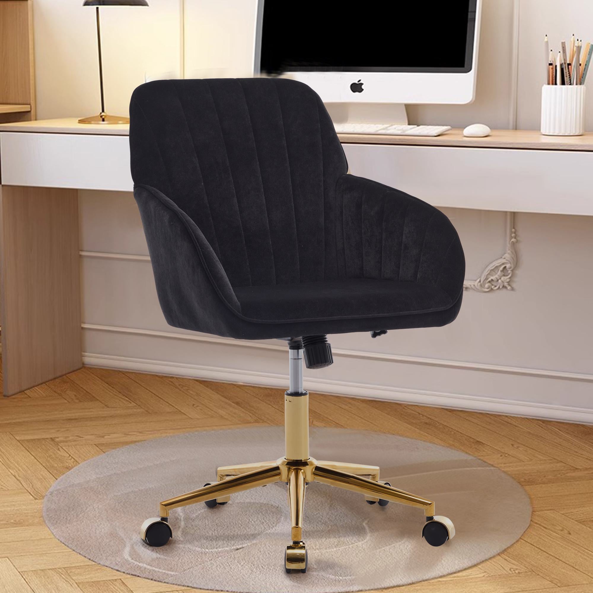 Adjustable Ergonomic Swivel Chair with Velvet Cushion and Lumbar Support, Office Chair with Golden Base, 25" L x 23" W x 38" H, Black