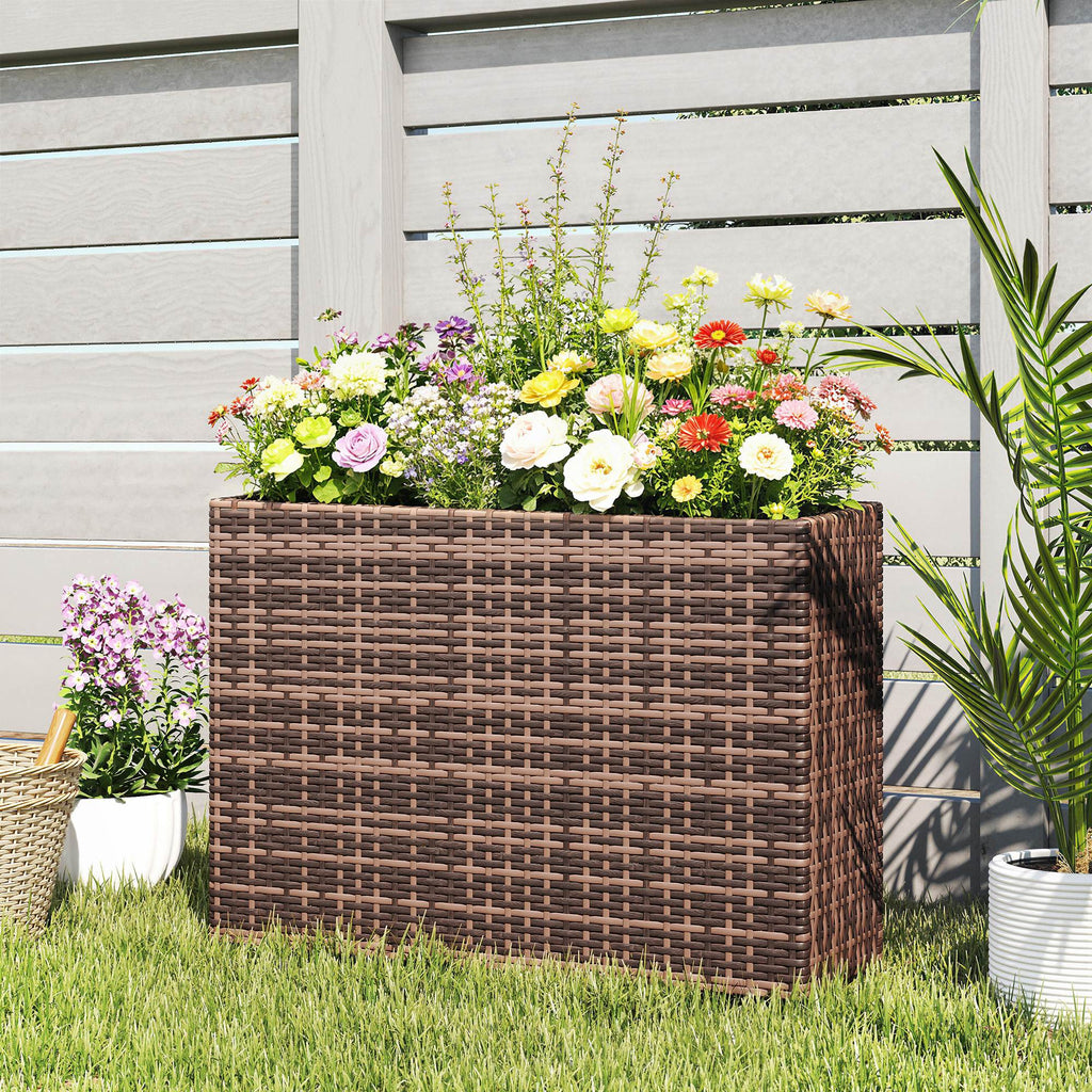 Tall Rectangular Planter with Removable Liner, Holes, PE Wicker Large Planter Box for Indoor Outdoor Plants, Brown