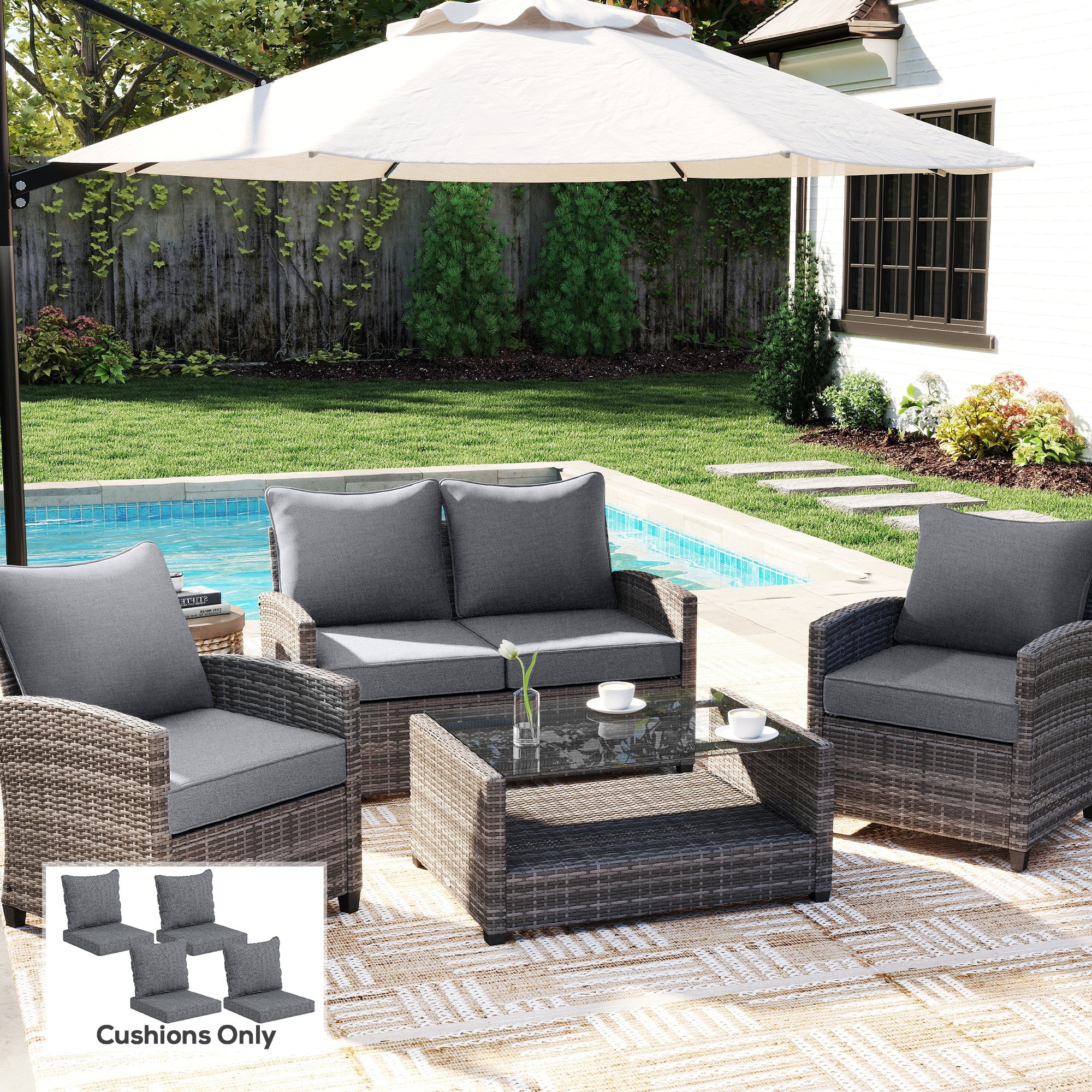 Patio Chair Cushions Set of 4 with Seat & Backrest, Fade Resistant Seat Replacement Cushion Set, Gray