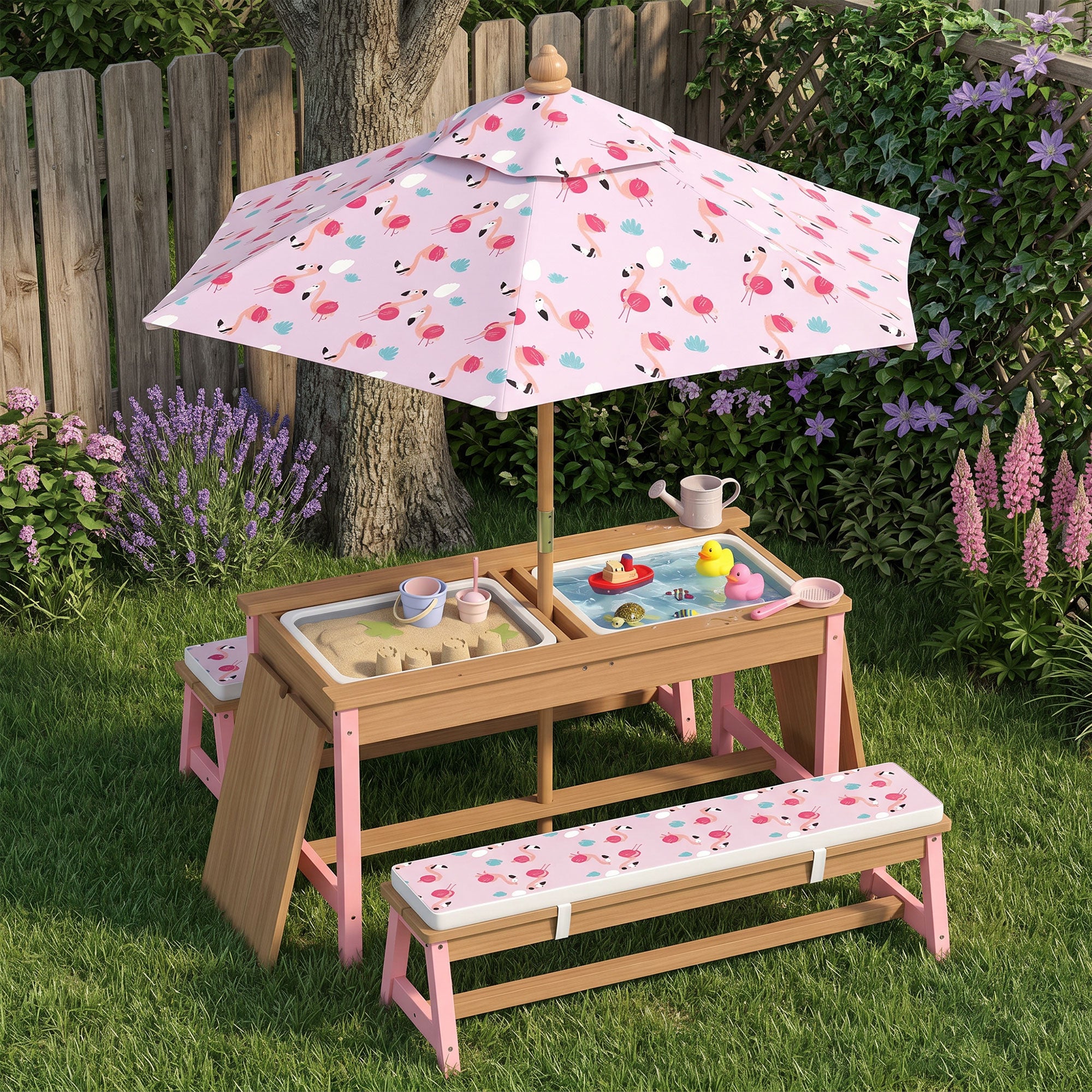 Kids Picnic Table Set with Foldable Umbrella, Removable Cushions & Boxes, Flamingo Theme, Pink