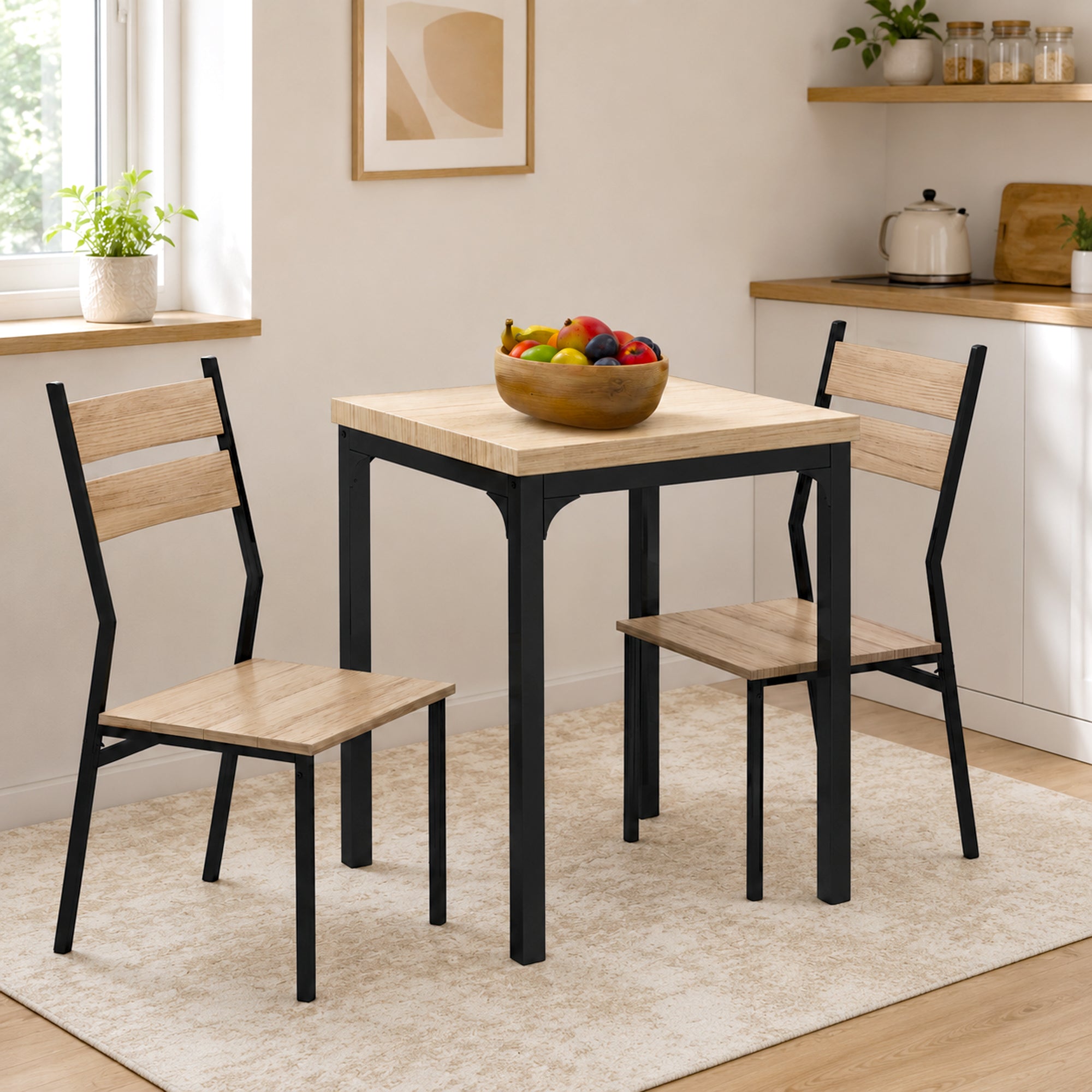 3 Piece Dining Table Set for 2, Modern Kitchen Table and Chairs, Dining Room Set for Breakfast Nook, Light Wood Grain