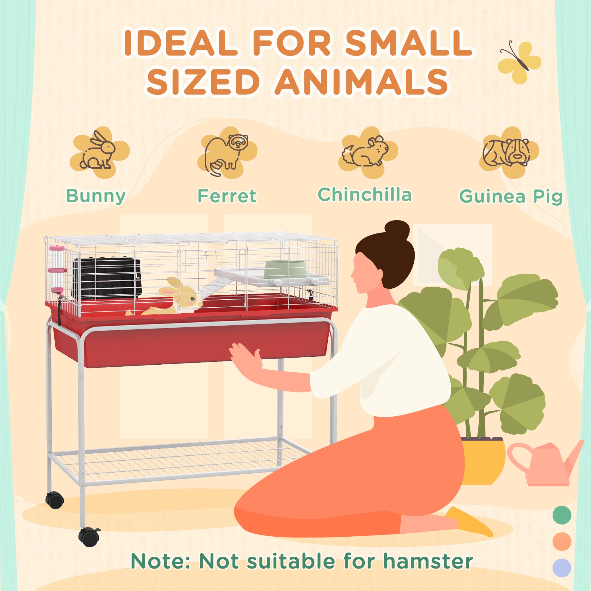 Two-Story Small Animal Cage Removable from Stand, Pet Habitat with Shelf & Wheels, 33" x 18.5" x 35", Red