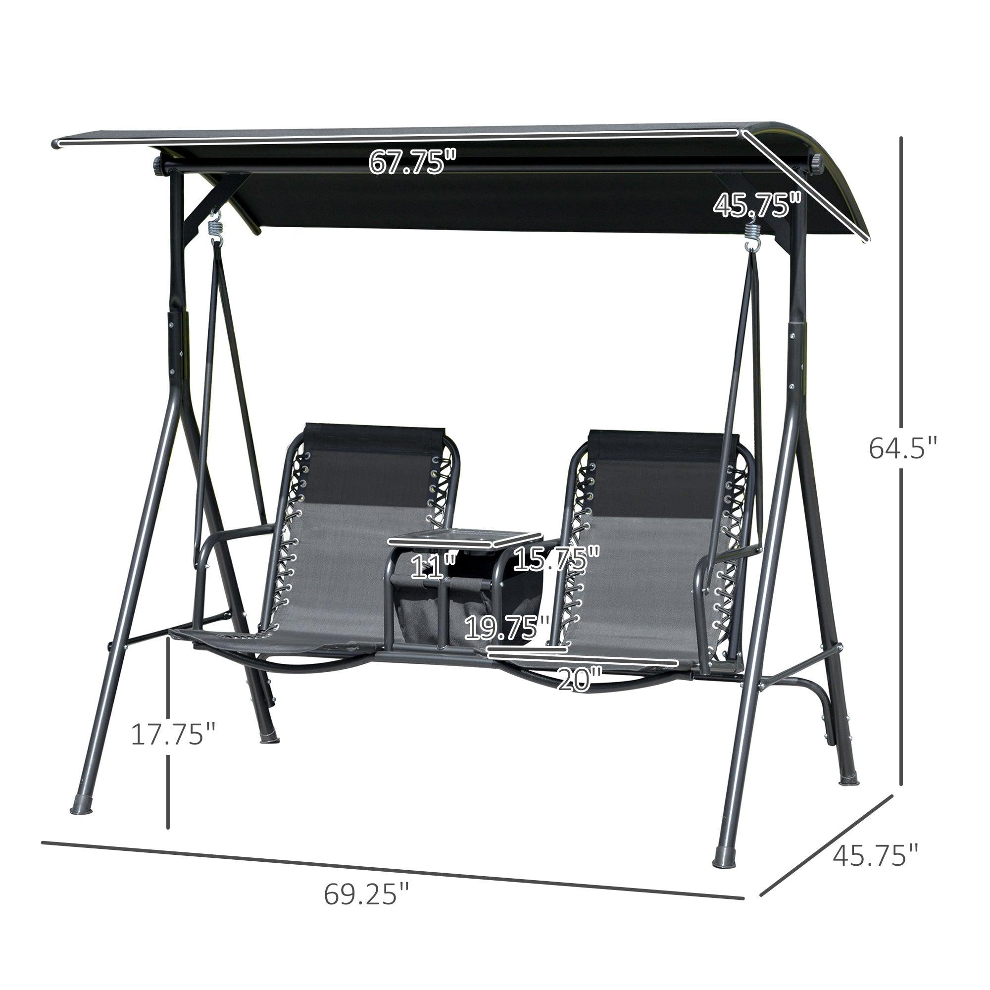 2-Seat Outdoor Porch Swing, with Pivot Storage Table, Cup Holder, & Adjustable Overhead Canopy, Stand's Skid-Resistant Feet Pad, Breathable Mesh Seat, Steel Frame, for Patio, Black
