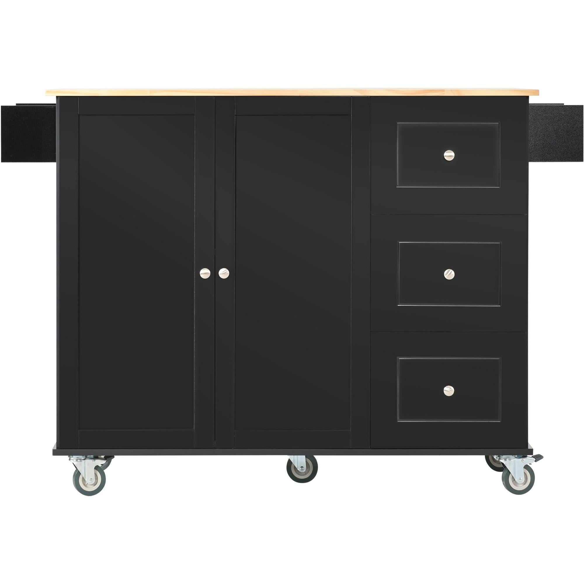 Mobile Kitchen Island with Drop Leaf Breakfast Bar, Wood Top, Racks and Drawers, Central Island with Locking Wheels, 53" L x 29.5" W x 37" H, Black