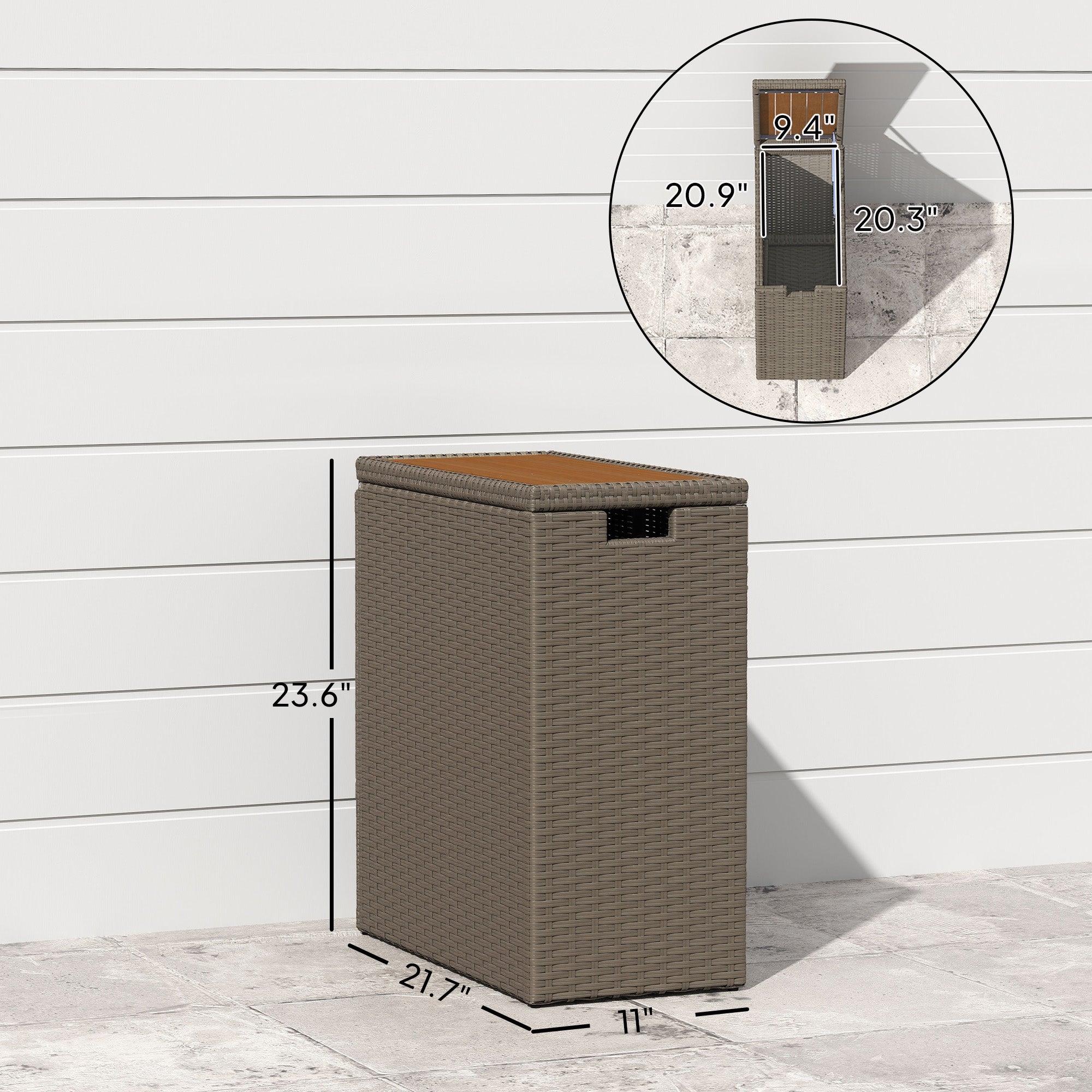 17-Gallon Small Deck Box, Wicker Outdoor Storage Box with Acacia Wood Top for Patio Cushions and Garden Tools, Teak
