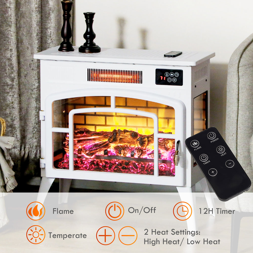 Electric Fireplace Stove, Infrared Fireplace Heater with Realistic Flame & Adjustable Temperature, 1500W, White