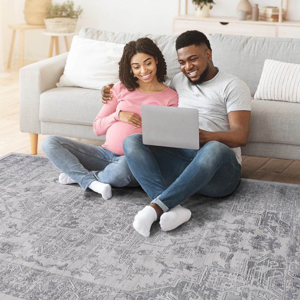 Naar 6x9 Stain-Resistant Area Rug with Non-Shedding Design and Cotton Backing, Kid and Pet-Friendly Carpet, 93" L x 79" W x 0.35" H, Silver