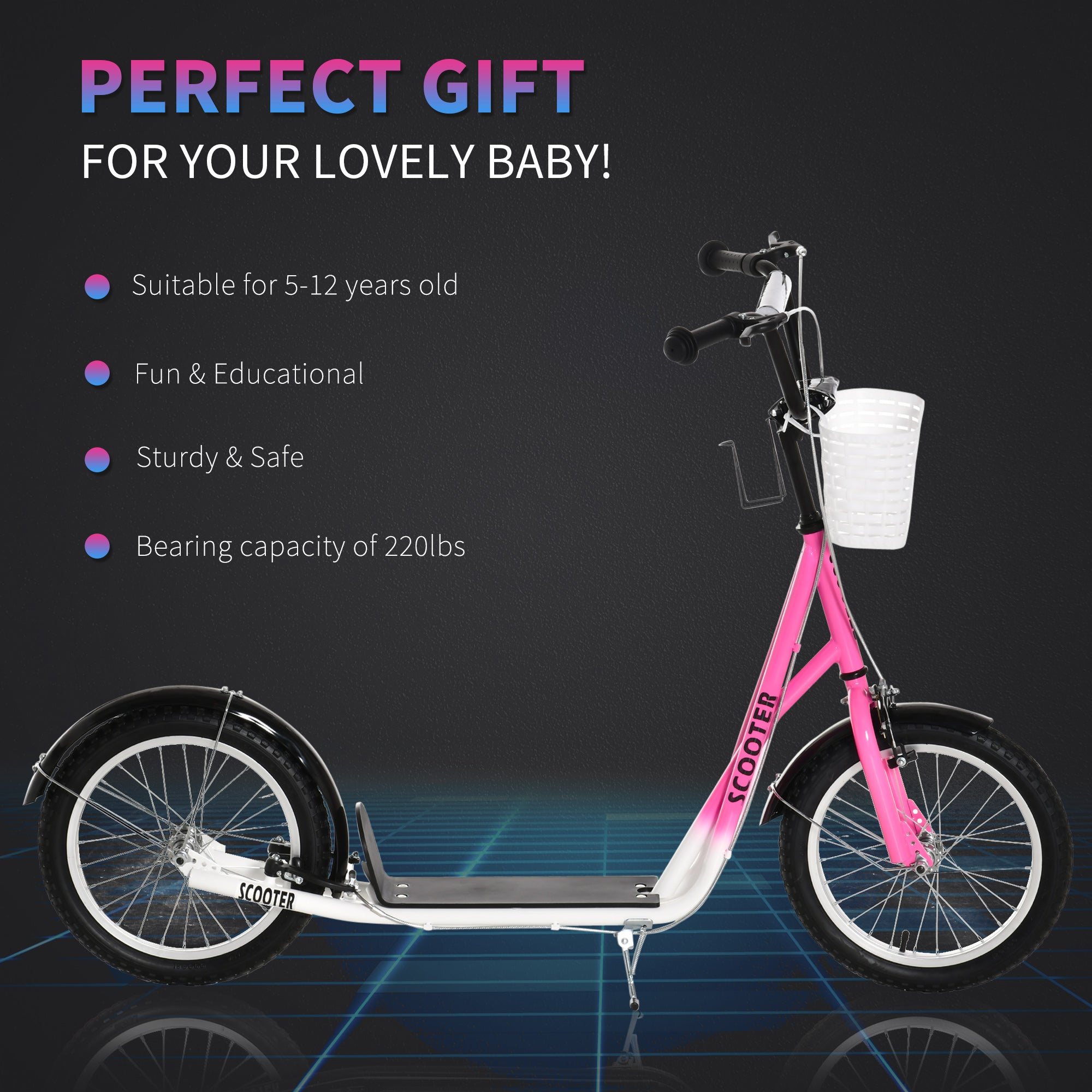 Youth Scooter, Kick Scooter with Adjustable Handlebars, Double Brakes, 16" Inflatable Rubber Tires, Basket, Cupholder, Pink