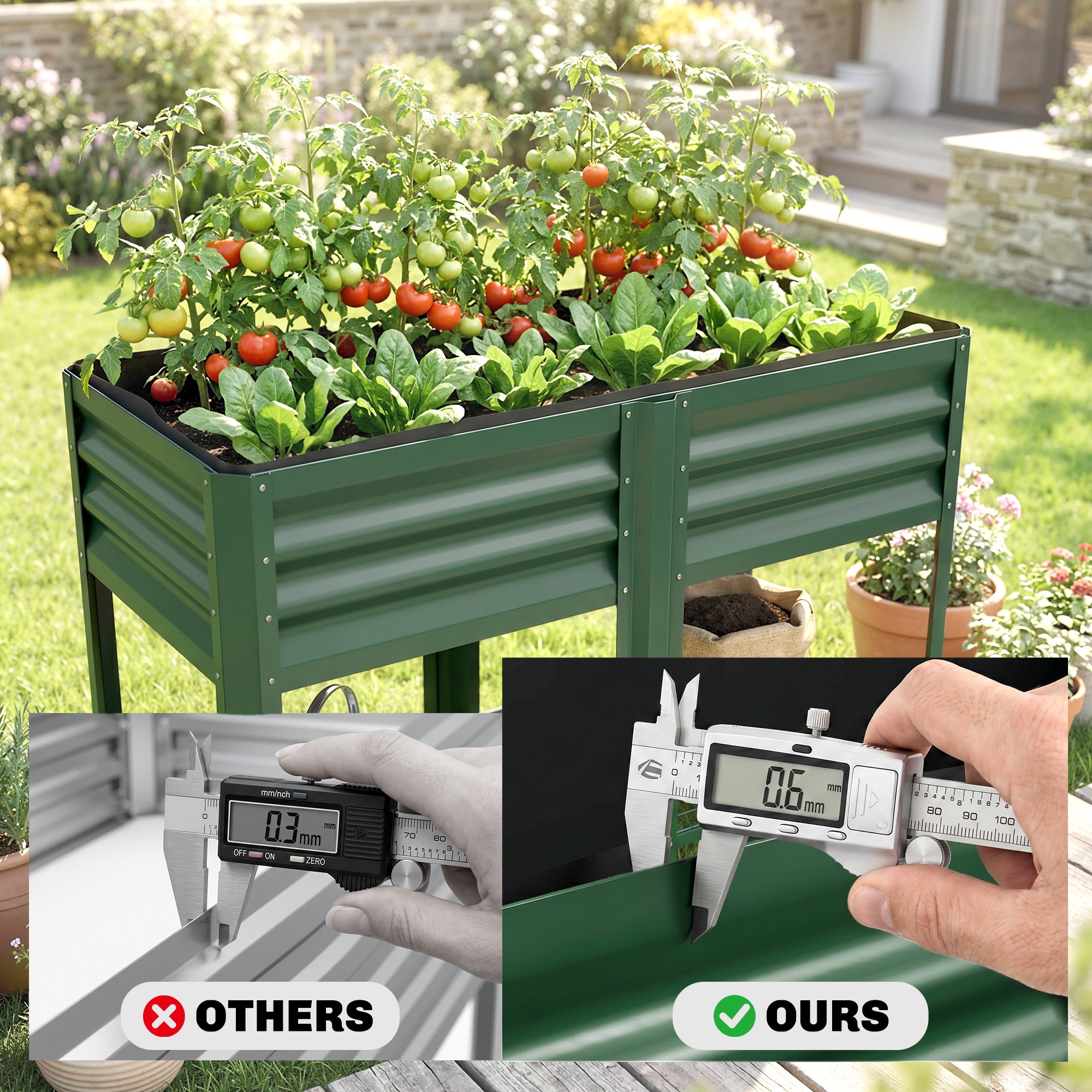 Raised Garden Bed Galvanized Steel, Elevated Planter Box with Storage Shelf, Bed Liner, 31.5" High, Green