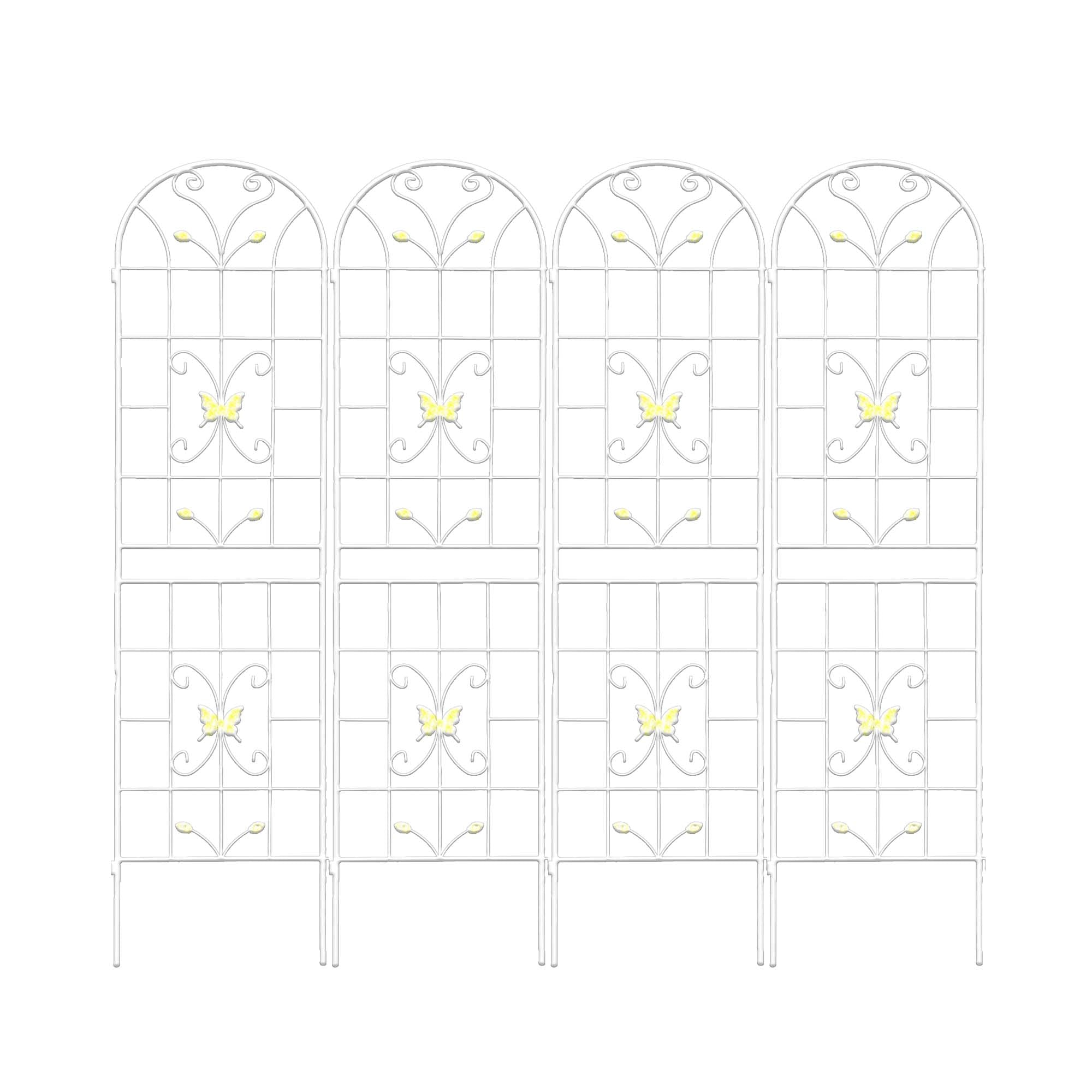 4 Pack Metal Garden Trellis with Butterfly Decoration and Galvanized Round Pipe, Rustproof Climbing Plant Support, Cream White