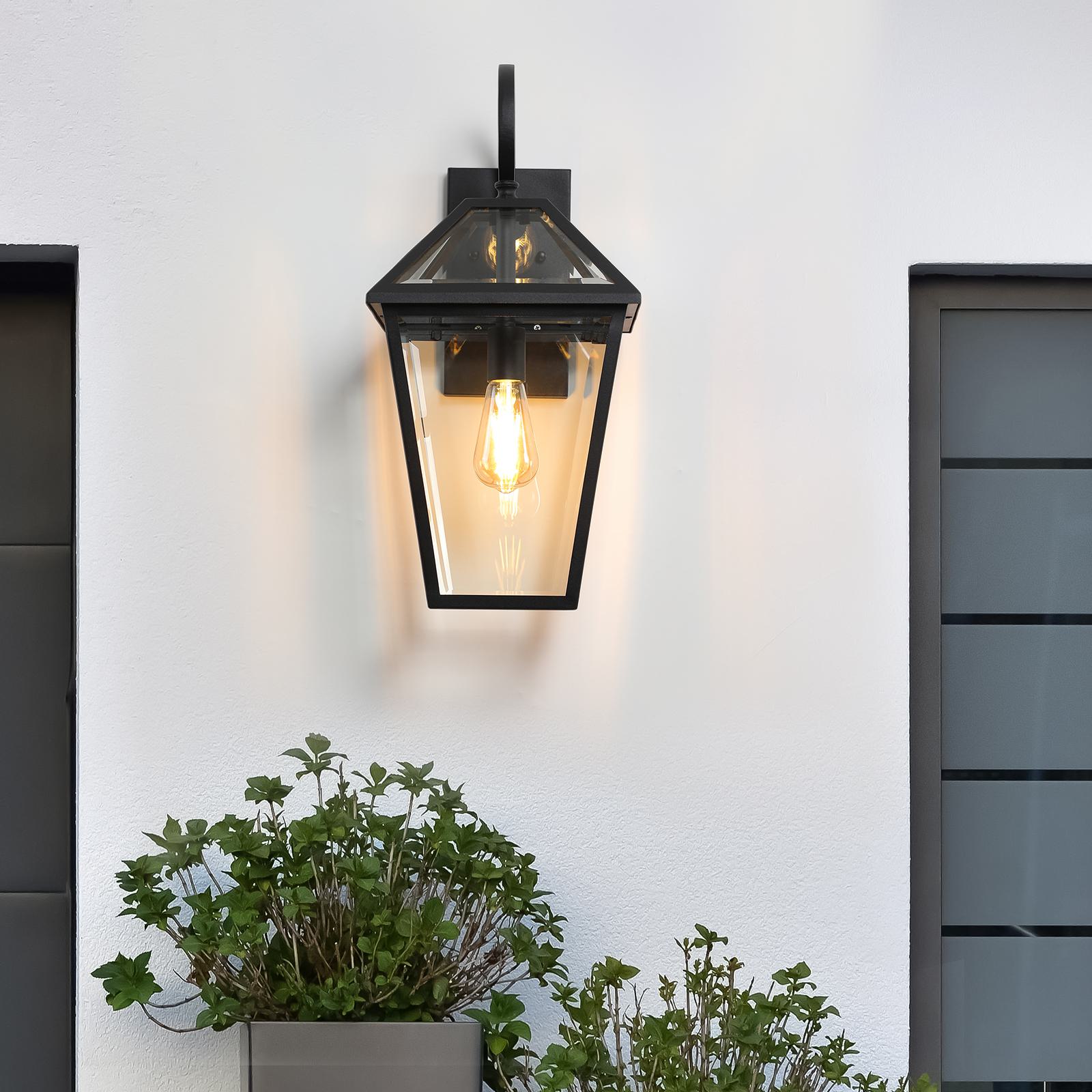 21" Outdoor Wall Lantern Light with Weather-Resistant Design, Modern Meta, Clear Glass Sconce, Easy Installation, 12" L x 10" W x 21" H, Black