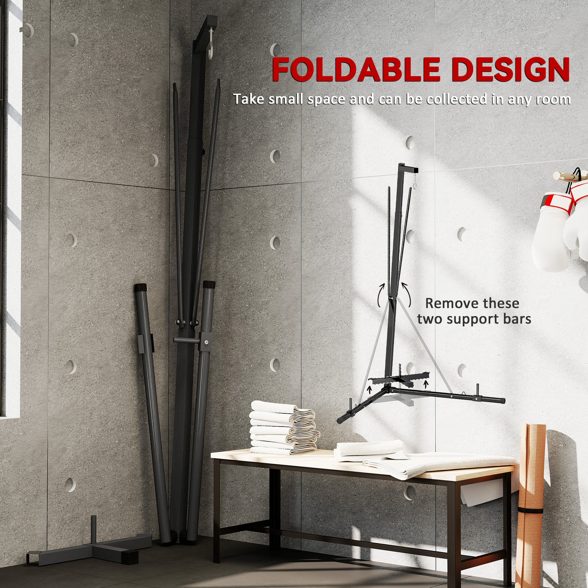 Foldable Punch Bag Stand, Height Adjustable Heavy Bag Stand with Weighted Base, Free Standing for Home Gym, Stand Only
