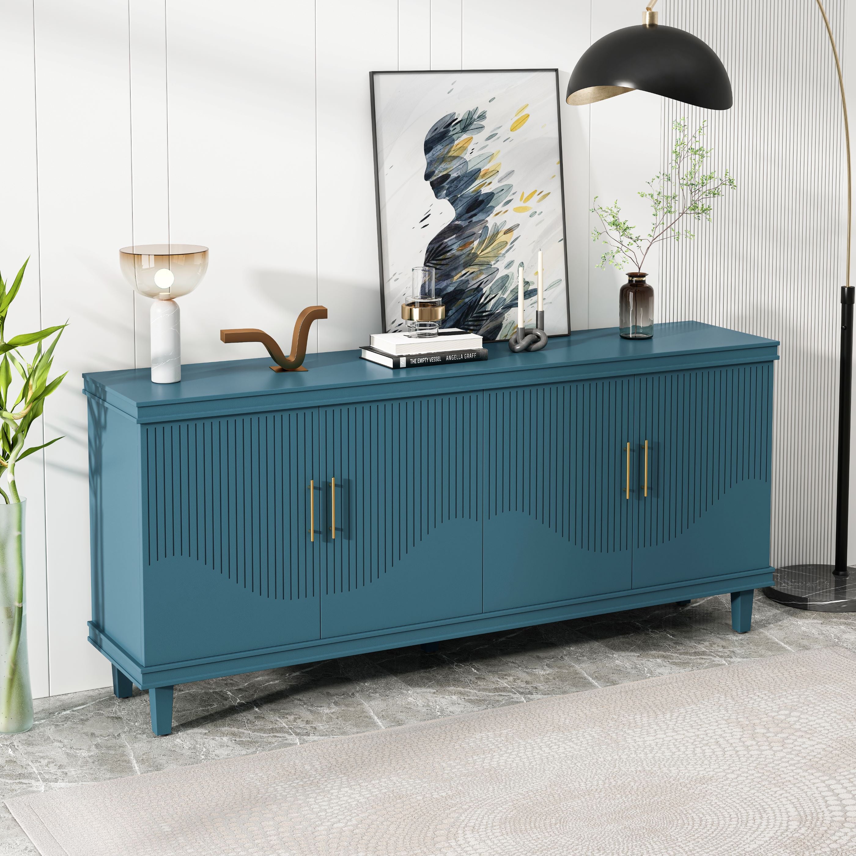 70.07'' Large 4-Door Cabinet, Solid Wood and MDF, Adjustable Shelves, 330 lbs Weight Capacity, for Living Room, Kitchen, Bedroom, Hallway, Olive Green