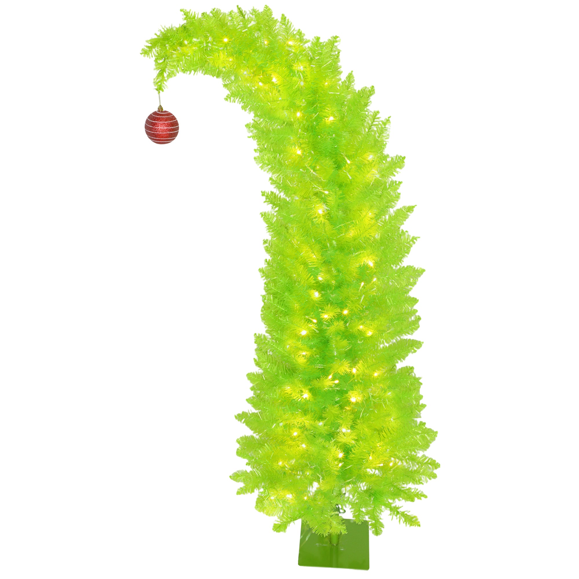 5 ft Whimsical Christmas Tree, Pencil Xmas Tree with Red Ball, Metal Base, Prelit with 200 LED Lights