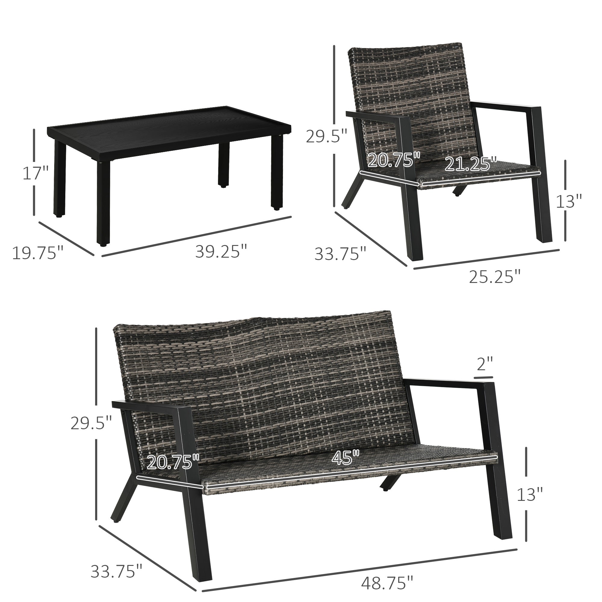 4 Piece Patio Furniture Set, 2 PE Wicker Chairs, Loveseat Sofa, Outdoor Coffee Table, Soft Cushions, Couch & Armchairs for Backyard, Garden, Black