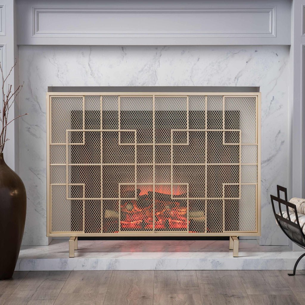 Modern Iron Fire Screen with Single Panel Design and Fine Mesh, Geometric Pattern, and Easy Assembly, 41" L x 8" W x 30.75" H, Gold