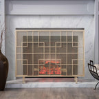 Modern Iron Fire Screen with Single Panel Design and Fine Mesh, Geometric Pattern, and Easy Assembly, 41" L x 8" W x 30.75" H, Gold