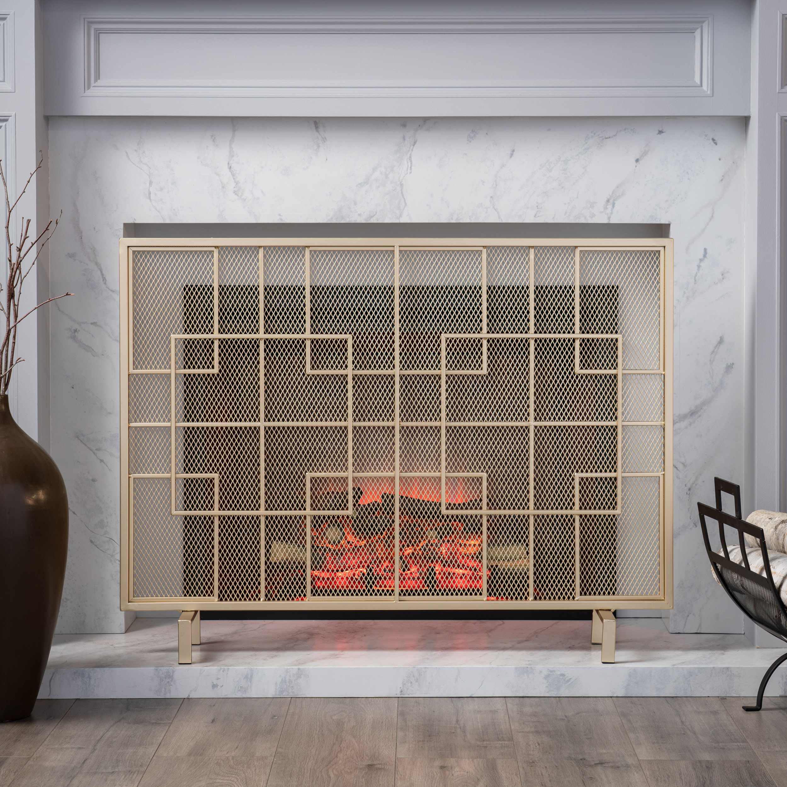 Modern Iron Fire Screen with Single Panel Design and Fine Mesh, Geometric Pattern, and Easy Assembly, 41" L x 8" W x 30.75" H, Gold
