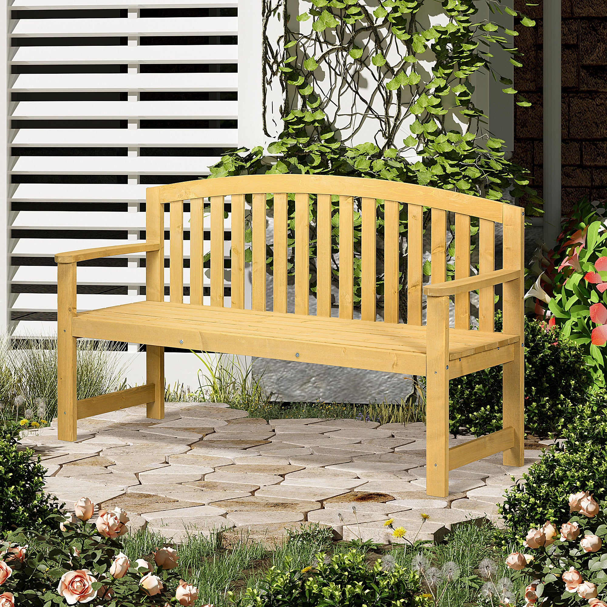 56" Outdoor Wood Bench, 2-Seater Garden Bench with Backrest and Armrest, Patio Bench for Patio, Porch, Poolside, Balcony, Natural
