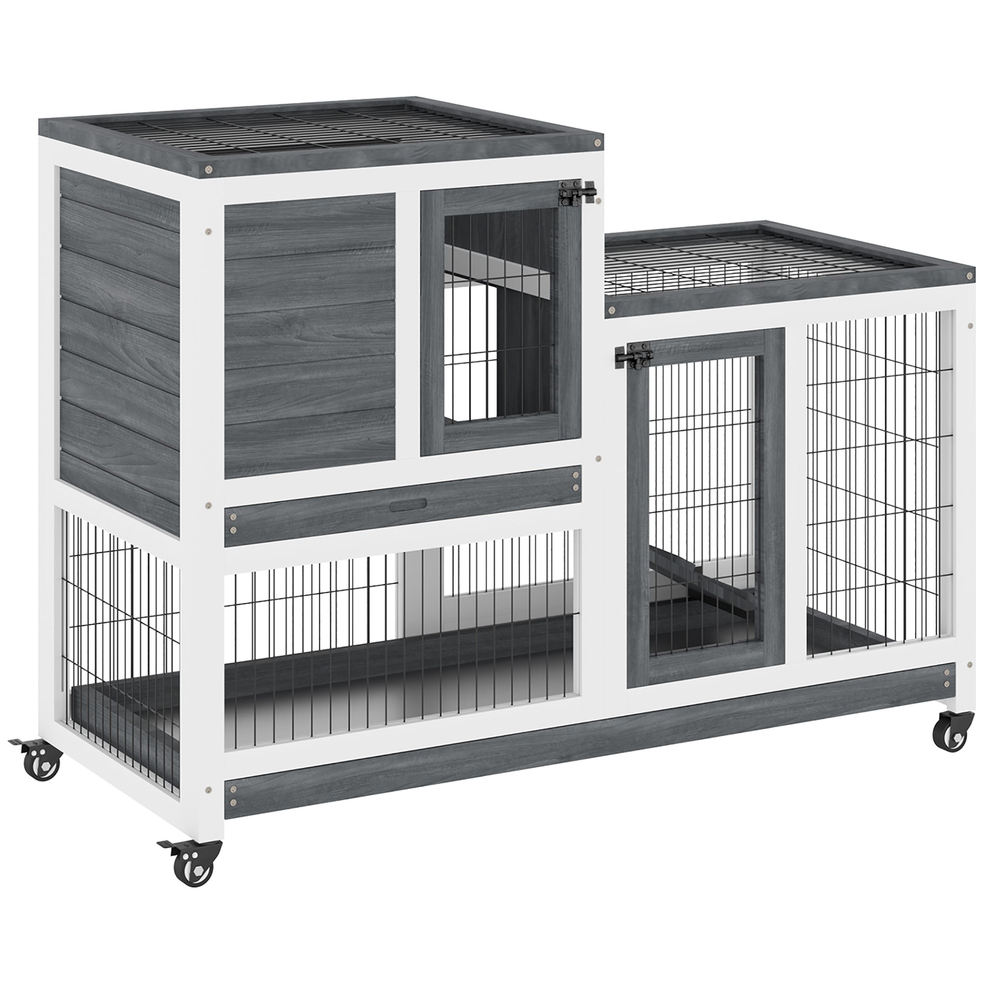 Wooden Rabbit Hutch Elevated Bunny Cage Indoor Small Animal Habitat with Enclosed Run with Wheels, Ramp, Removable Tray for Rabbits, Chickens, Ducks, Guinea Pigs, Gray