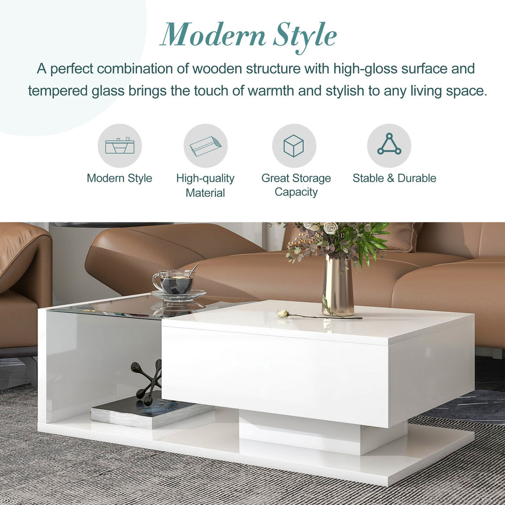 Modern Coffee Table with Tempered Glass, Wooden Cocktail Table with High-Gloss UV Surface, 2-Tier Rectangle Center Table for Living Room, White