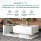 Modern Coffee Table with Tempered Glass, Wooden Cocktail Table with High-Gloss UV Surface, 2-Tier Rectangle Center Table for Living Room, White