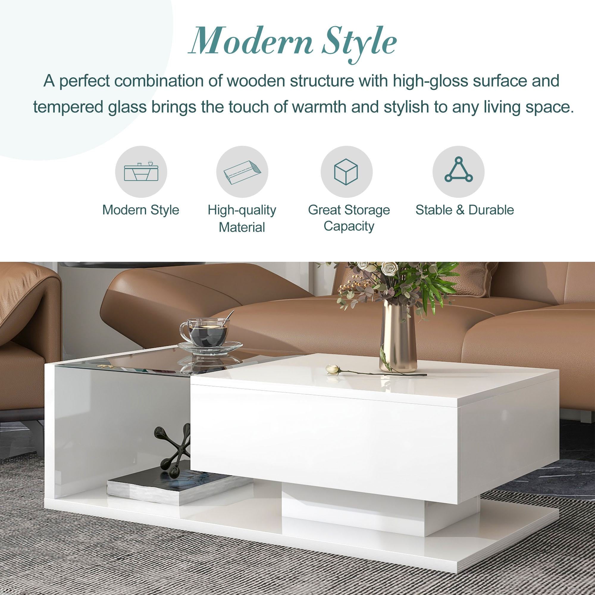 Modern Coffee Table with Tempered Glass, Wooden Cocktail Table with High-Gloss UV Surface, 2-Tier Rectangle Center Table for Living Room, White