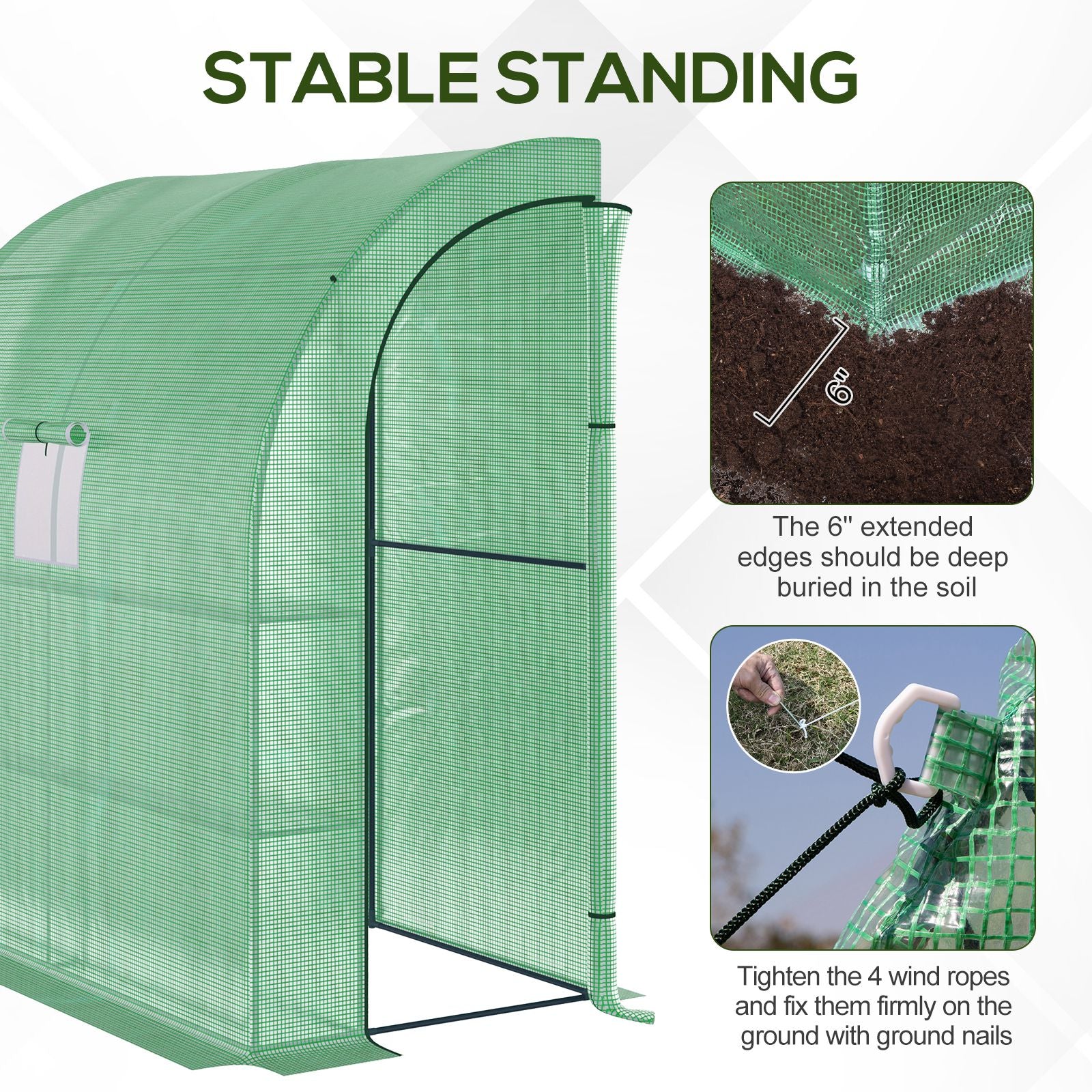 7' x 3' x 7' Lean to Greenhouse, Walk-In Green House, Plant Nursery with 2 Roll-up Doors and Windows, PE Cover and 3 Wire Shelves, Green