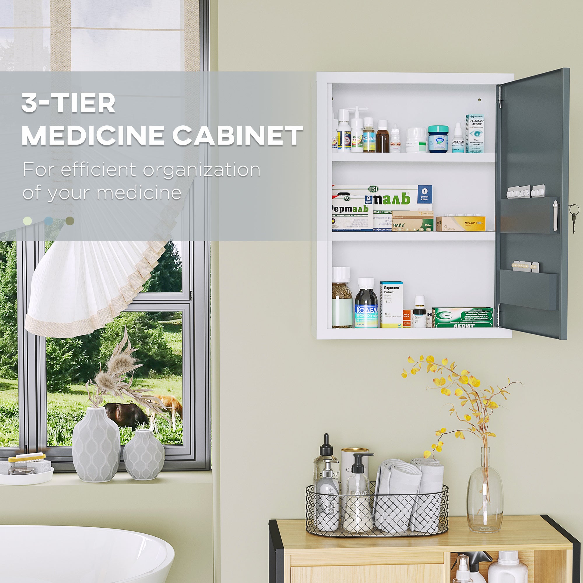 Bathroom Medicine Cabinet with Shelves Inside & On Door, Locking Medical Cabinet for Child & Pet Safety, First Aid Bathroom Wall Cabinet, White and Gray