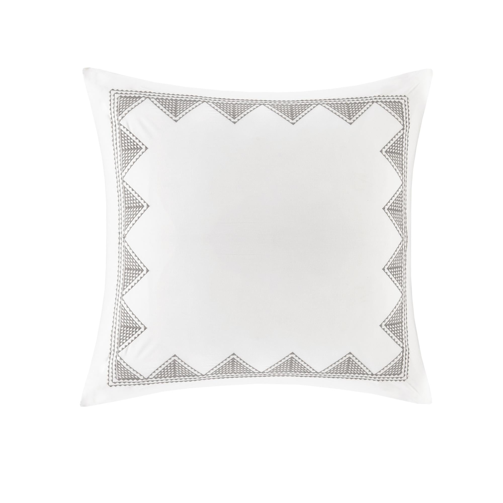 Cotton Embroidered Euro Sham with Antimicrobial Treatment, Hidden Zipper, Pillow Cover with Geometric Design, 26" L x 26" W x 0.13" H, White