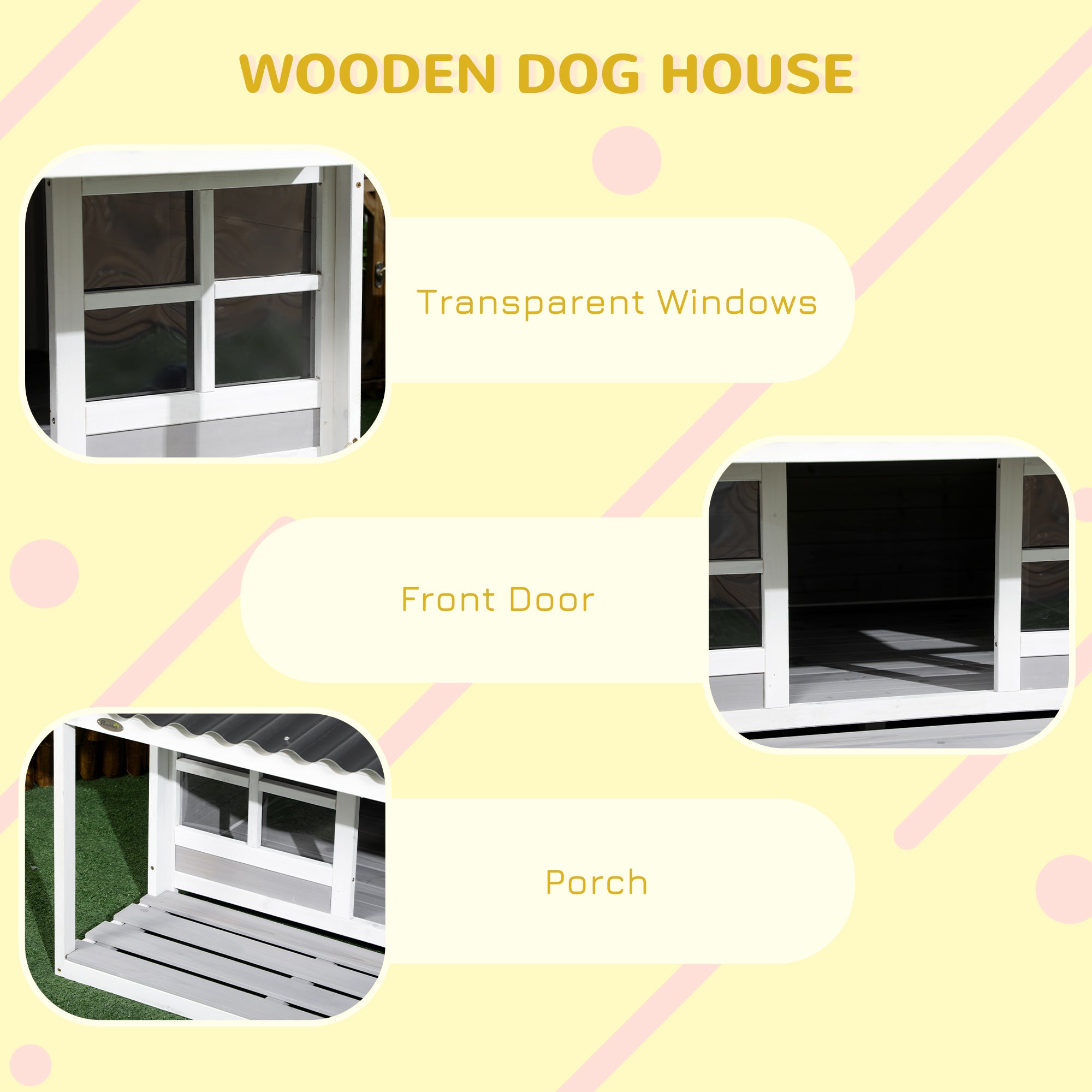 Wooden Dog House with Porch, Dog House Outdoor with Tilt Roof, Front Door, Windows for Medium Large Sized Dog