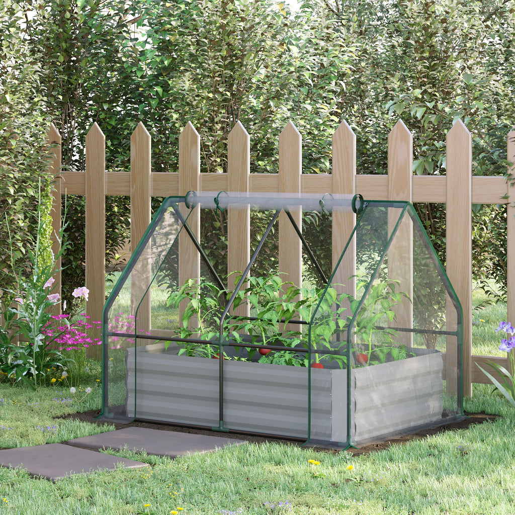 Raised Garden Bed with Cover, Outdoor Galvanized Metal Planter Box Kit, 4 x 3 ft Mini Greenhouse with 2 Large Screen Windows, for Growing Flowers, Vegetables and Herbs, Clear