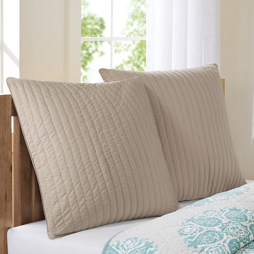 Embroidered Cotton Quilted Euro Sham with Hidden Zipper, Machine Washable Farmhouse Style Pillow Cover, 26" L x 26" W x 0.25" H, Taupe