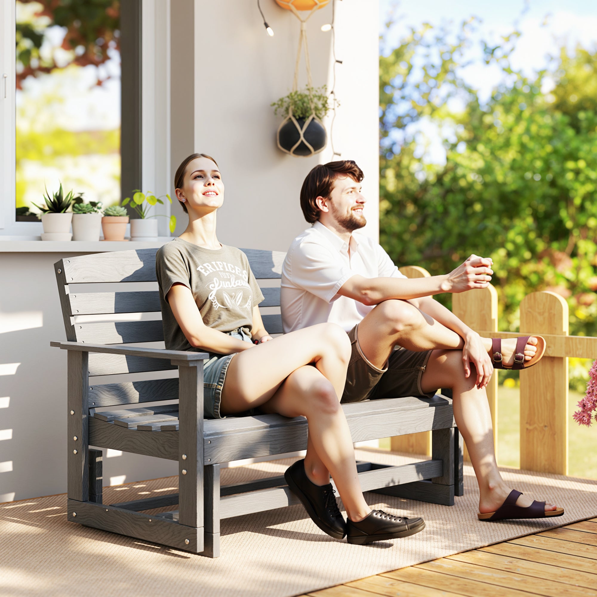 Patio Glider Bench w/ HDPE Slatted Double Rocking Chair, Distressed Gray