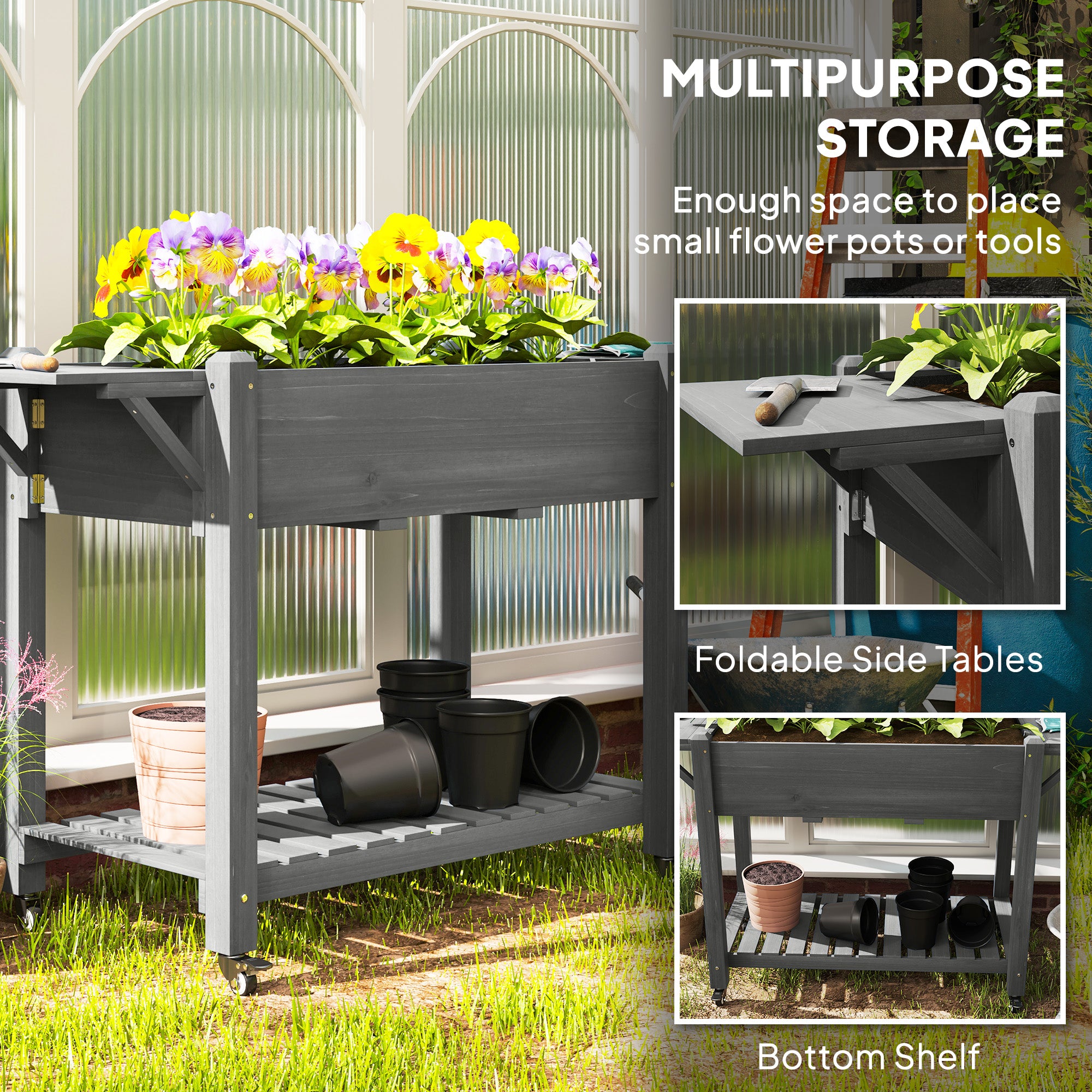 Wood Raised Planter Box, Elevated Garden Bed with Lockable Wheels, Side Tables, Bottom Shelf, Drain Holes, Gray