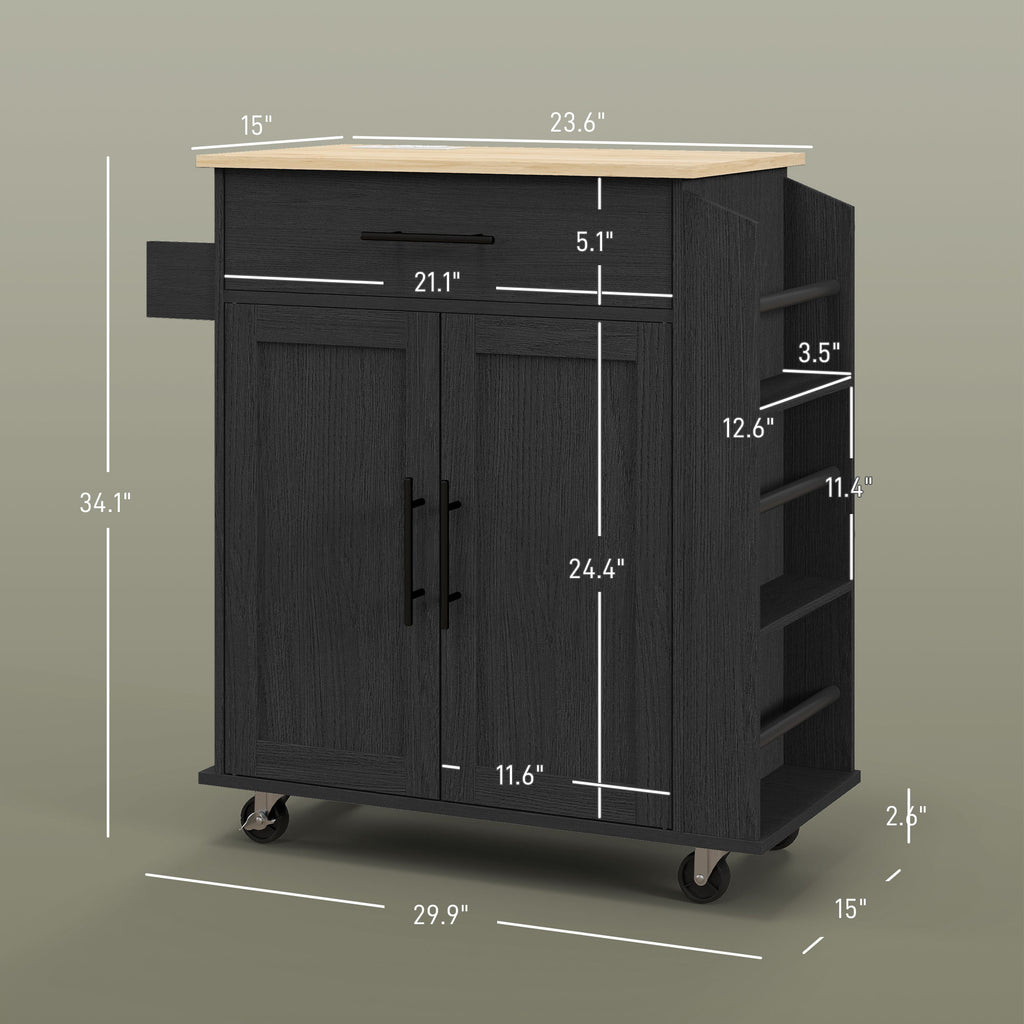 Rolling Island with Wheels for Kitchen, Kitchen Island on Rollers with Power Outlets, Drawer, and Doors, Black