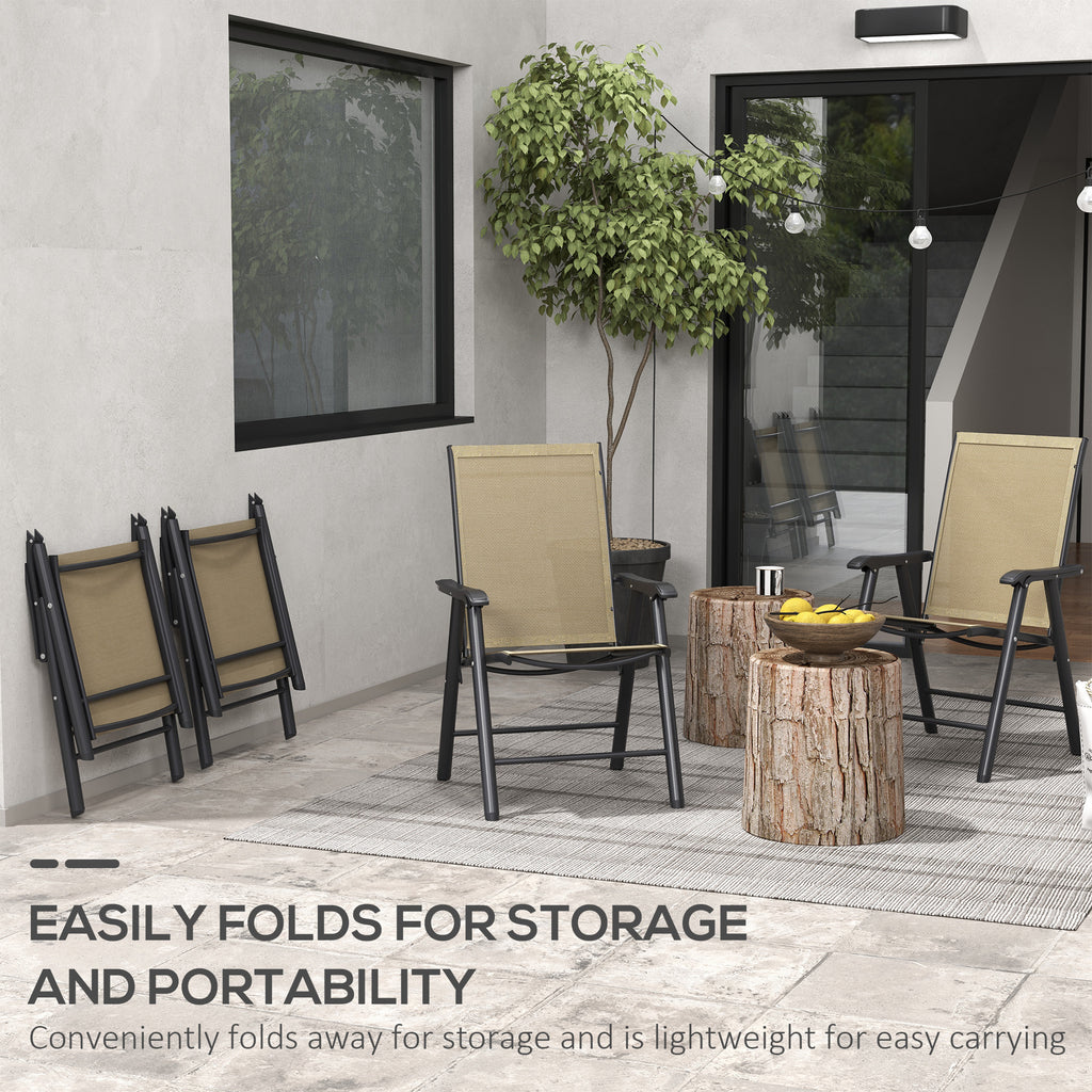 Set of 4 Outdoor Folding Chairs, Stackable Patio Dining Chairs with Armrests, Metal Frame, Light Mixed Brown