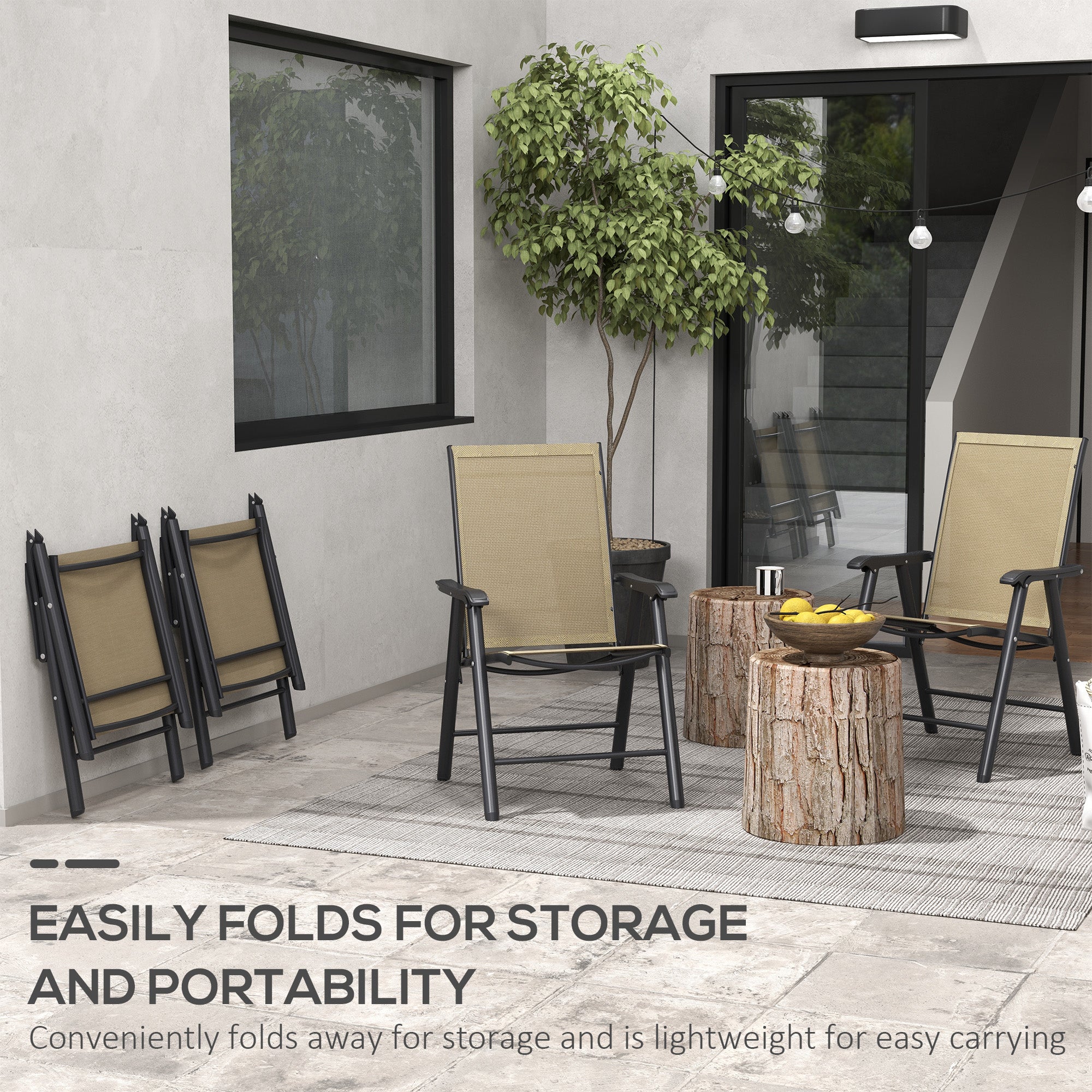 Set of 4 Outdoor Folding Chairs, Stackable Patio Dining Chairs with Armrests, Metal Frame, Light Mixed Brown