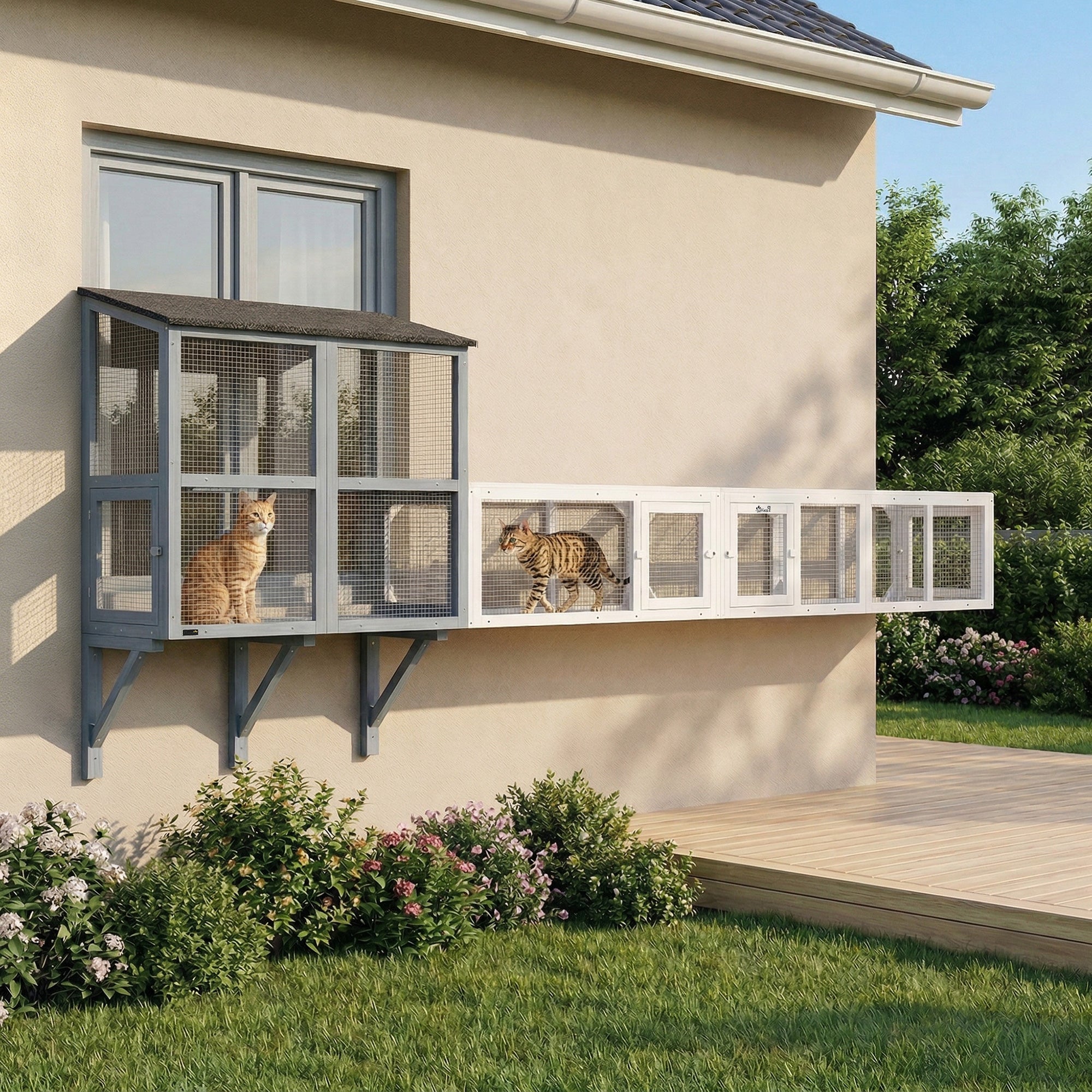 Wooden 98" Cat Tunnel for Outdoor with Combinable Design, 8 Doors, White