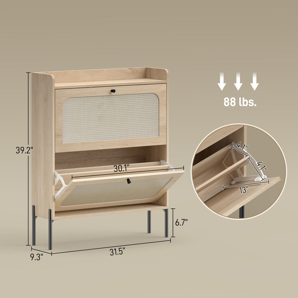 Shoe Cabinet with 2 Flip Drawers, Boho Narrow Shoe Storage Cabinet, Oak
