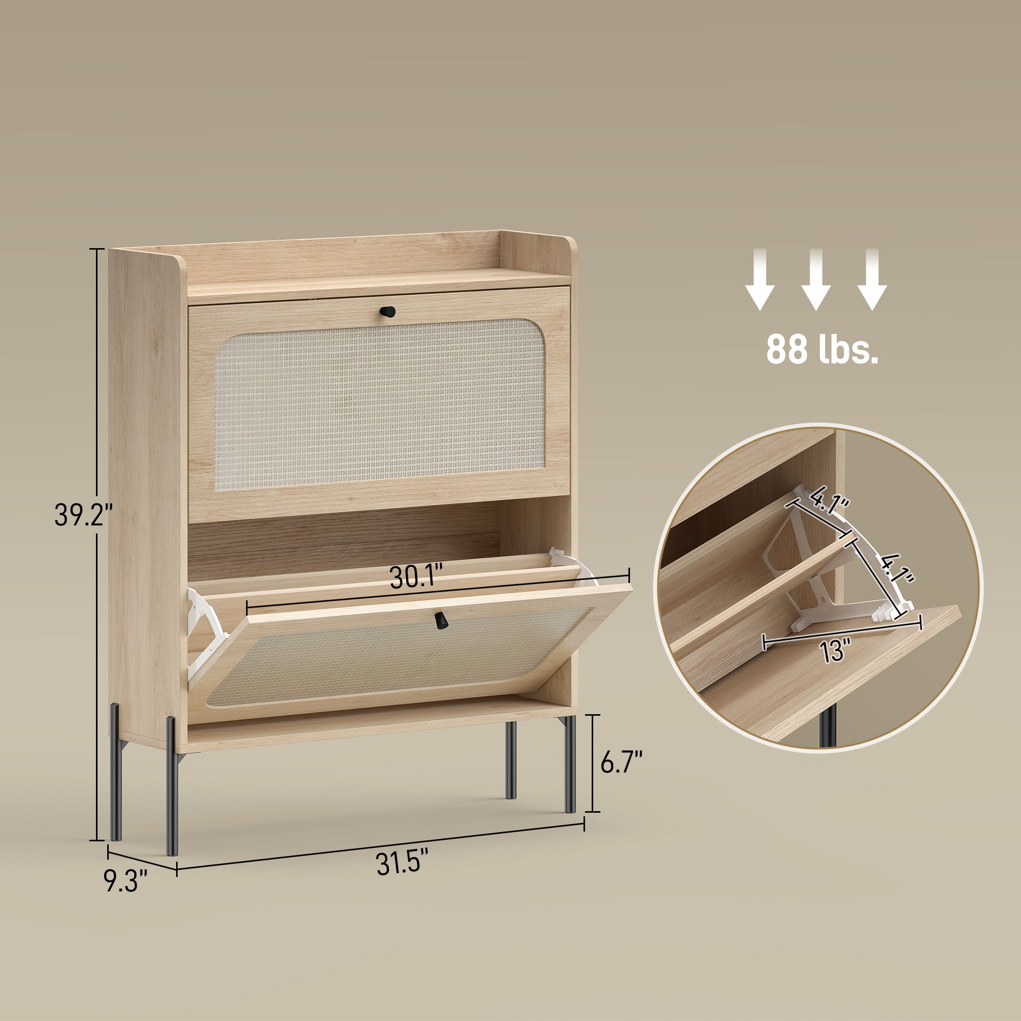 Shoe Cabinet with 2 Flip Drawers, Boho Narrow Shoe Storage Cabinet, Oak