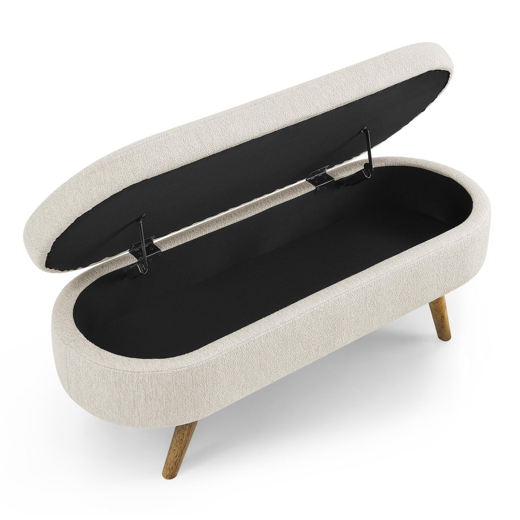 Oval Storage Ottoman Bench with Pleated Linen Fabric, Hidden Storage Footstool with Handmade Rubberwood Legs, 43.5" L x 16" W x 16" H, Beige